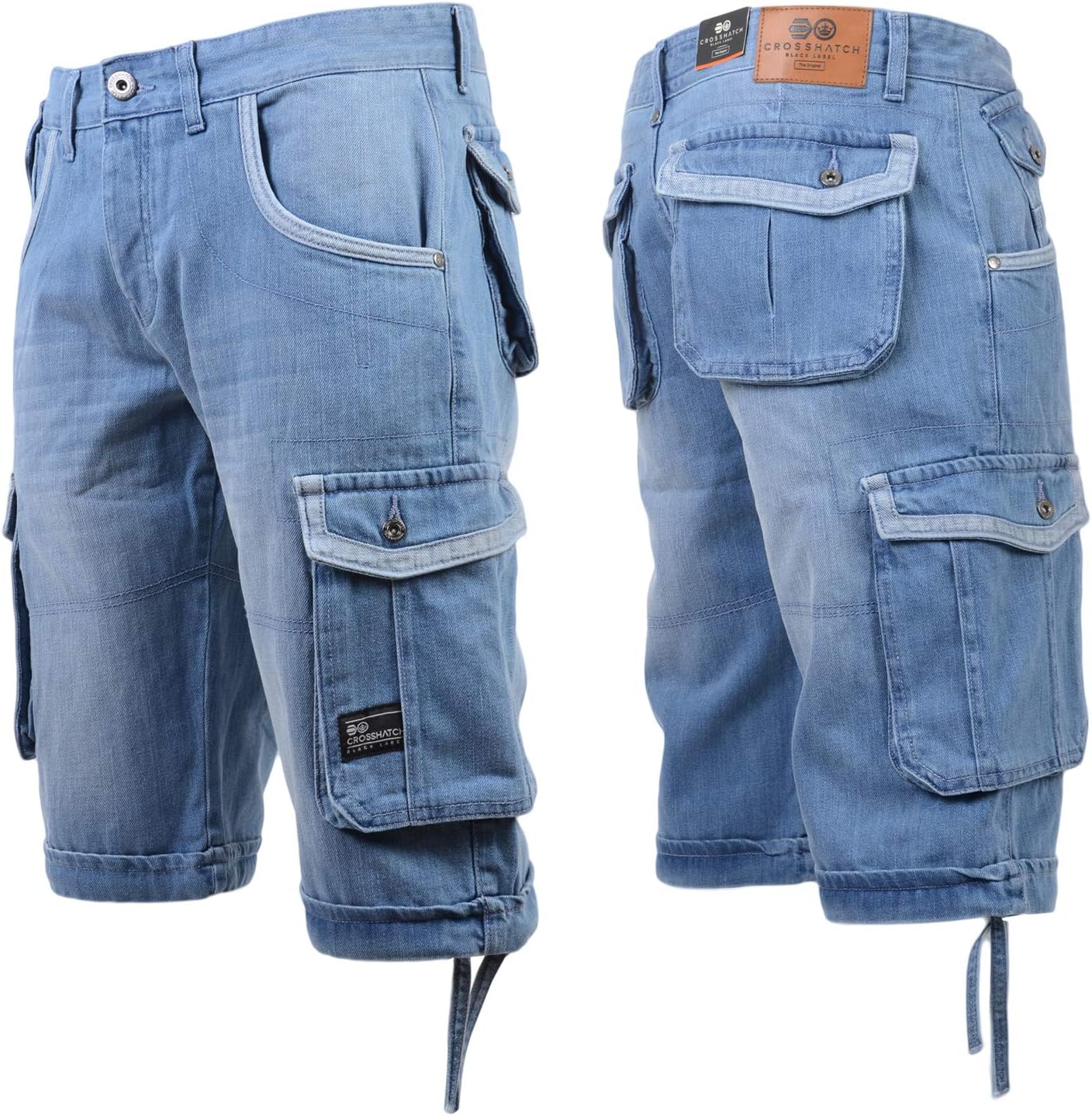 Mens Denim Shorts Crosshatch Wing Embossed Jeans Turn Up Hem Cargo Combat Pants