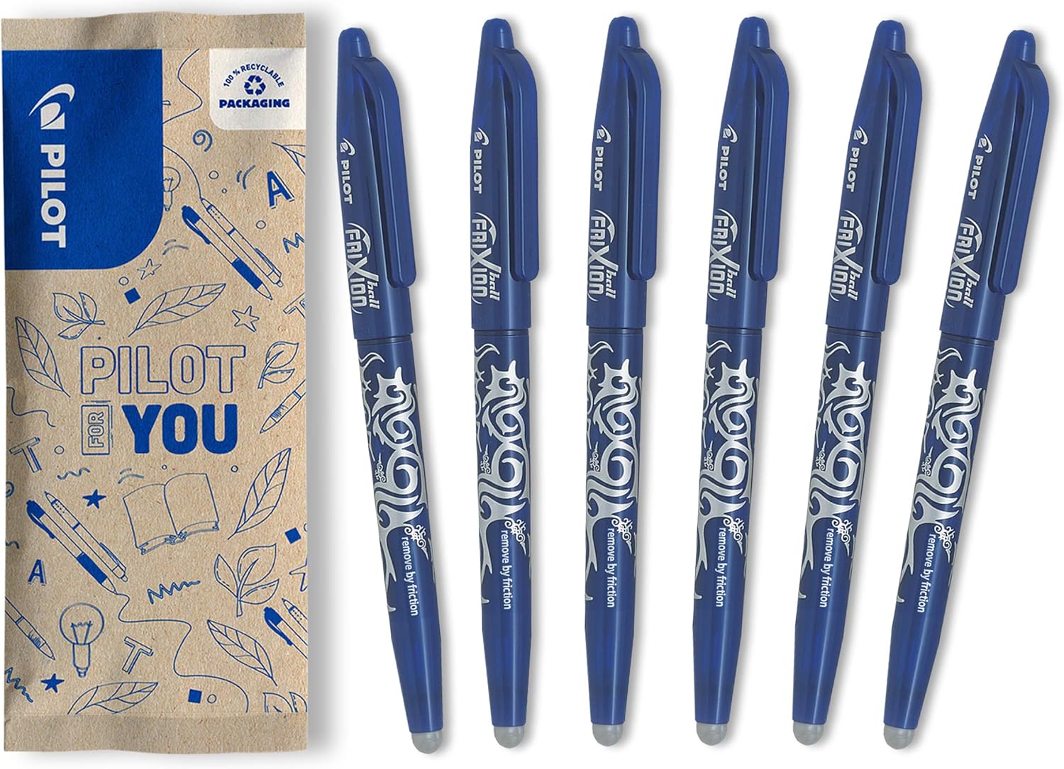 PILOT FriXion Ball 0.7 Set - 6 Pieces - Blue Colour - Erasable Rollerball Pen 0.4mm Line Width, Comfortable Write Guide for Learning to Write - Thermosensitive Ink with Replaceable Refill