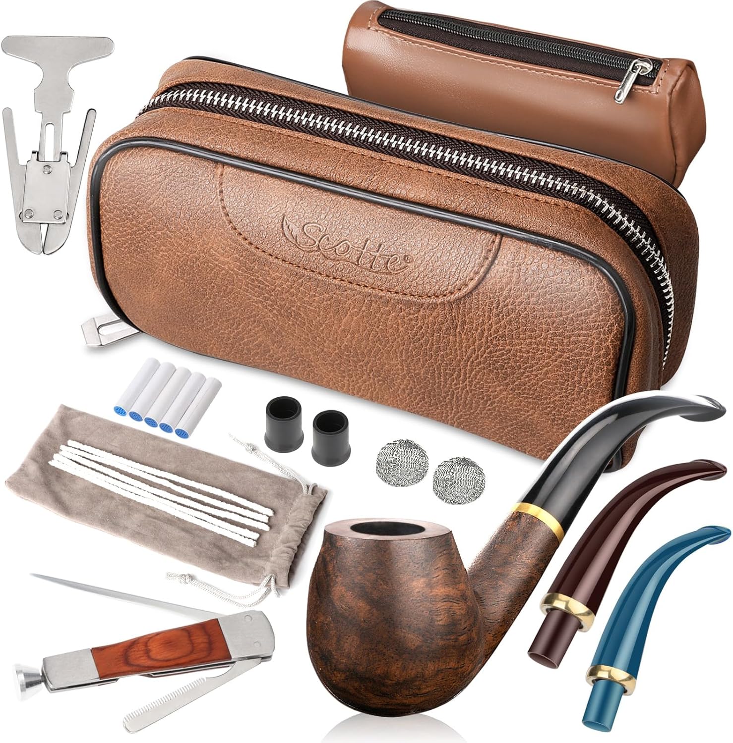 Scotte Handmade Pipe Set, Leather Pipe Pouch, Wood Pipe and Accessories (Scraper/Stand/Filter Element/Filter Ball/Small Bag/Box) (brown)