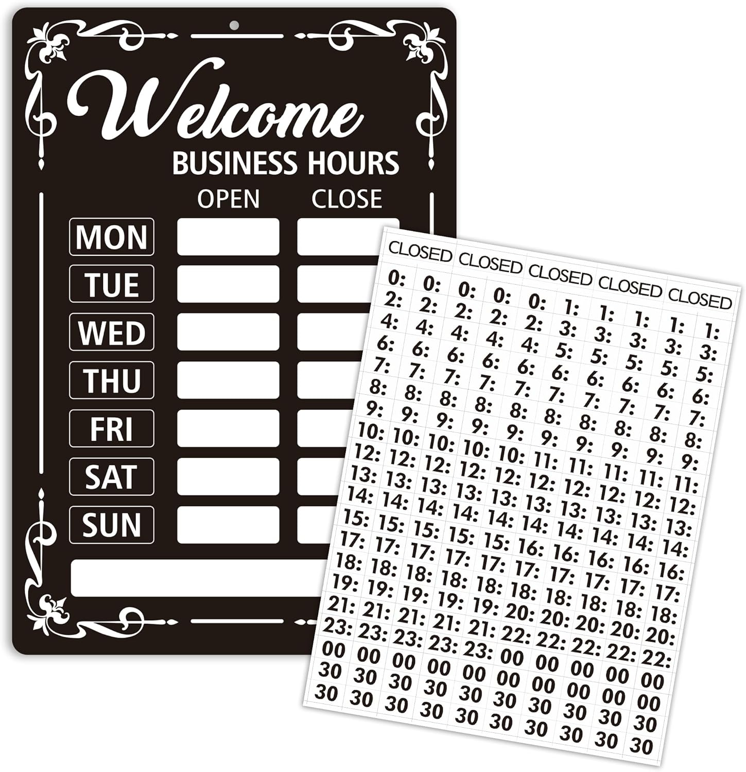 Business Hours Sign, Changeable Store Time Mark with Stickers, Open-Closed Business Sign, Coffee Bar Shop Restaurant Store Office Door Window, 13.76 X 9.45 Inches, Black