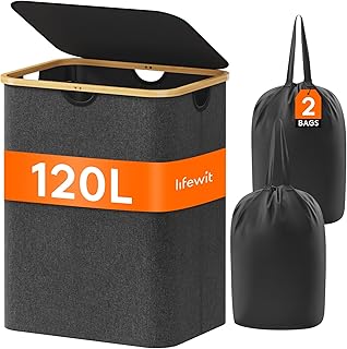Lifewit 120L Laundry Basket with Lid, Clothes Hampers for Laundry with Bamboo Handles and A Removable Laundry Bag, Large Foldable Laundry Hamper for Bedroom, Bathroom, Dorm, Laundry Room, Dark Gray