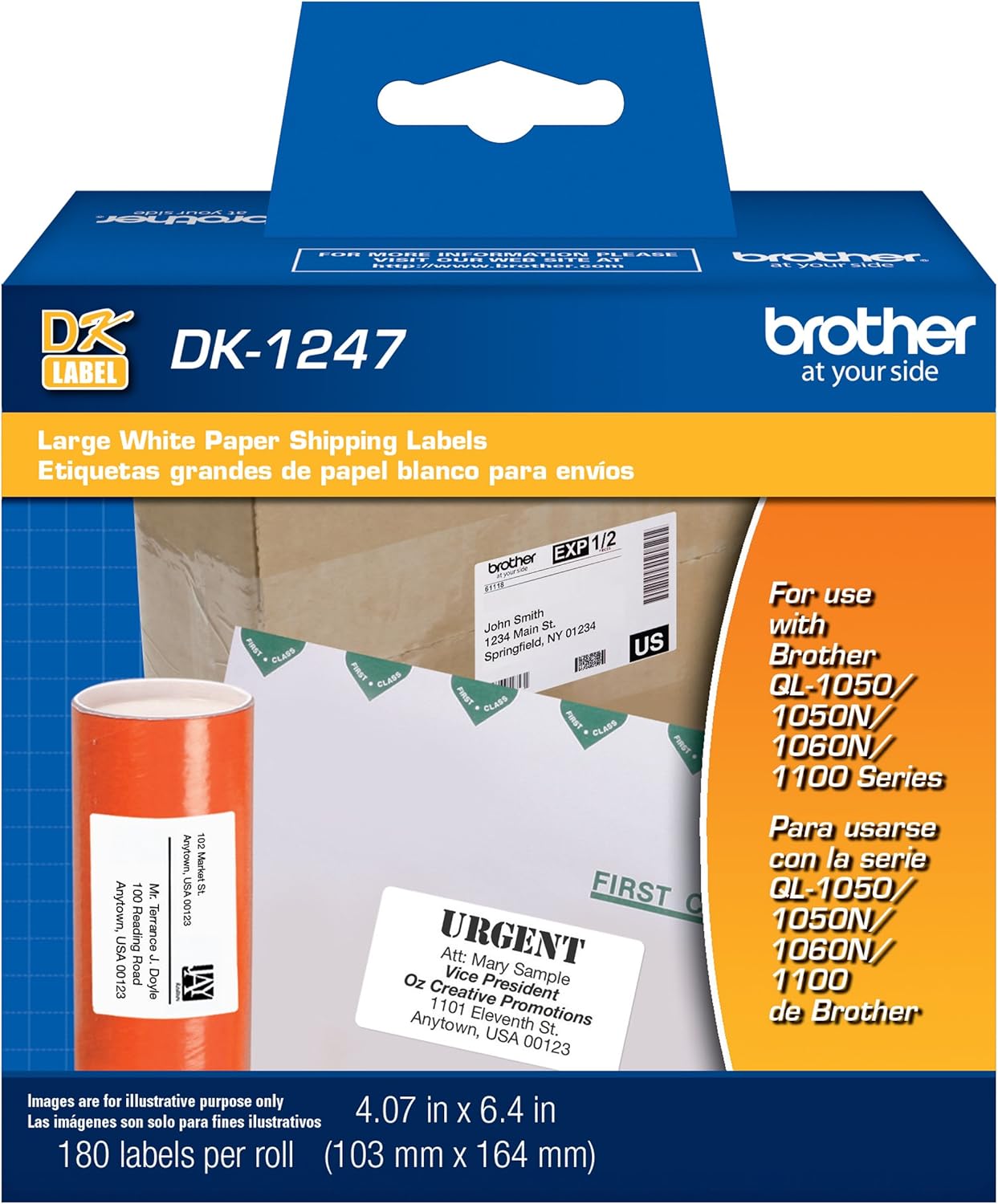 Brother Genuine DK-1247 Die-cut Large Shipping White Paper Labels for Brother QL Label Printers – 180 Labels per Roll 4.07” x 6.4” (103mm x 164 mm)