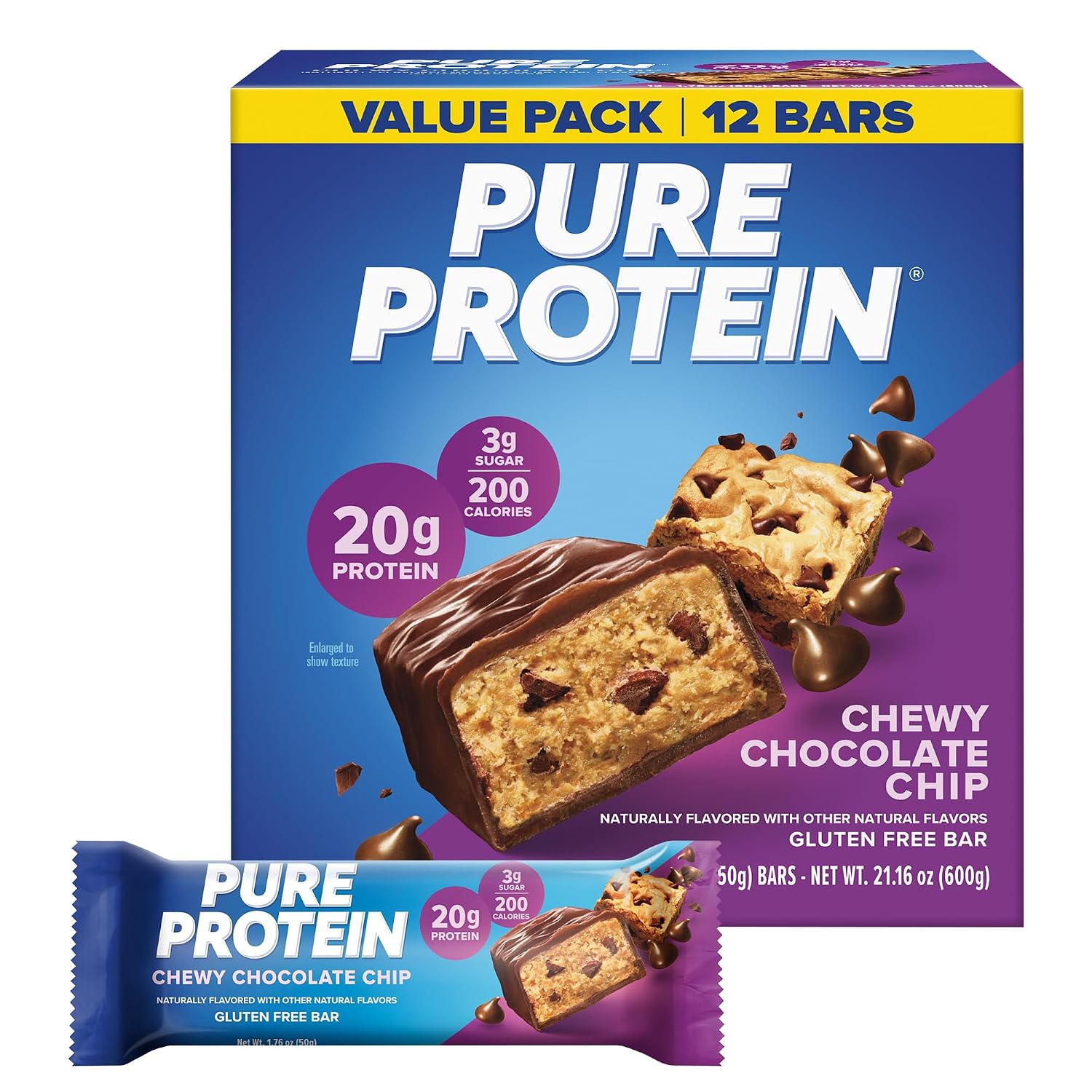 Pure Protein Chewy Chocolate Chip Protein Bars, 20g Protein, 12 Ct