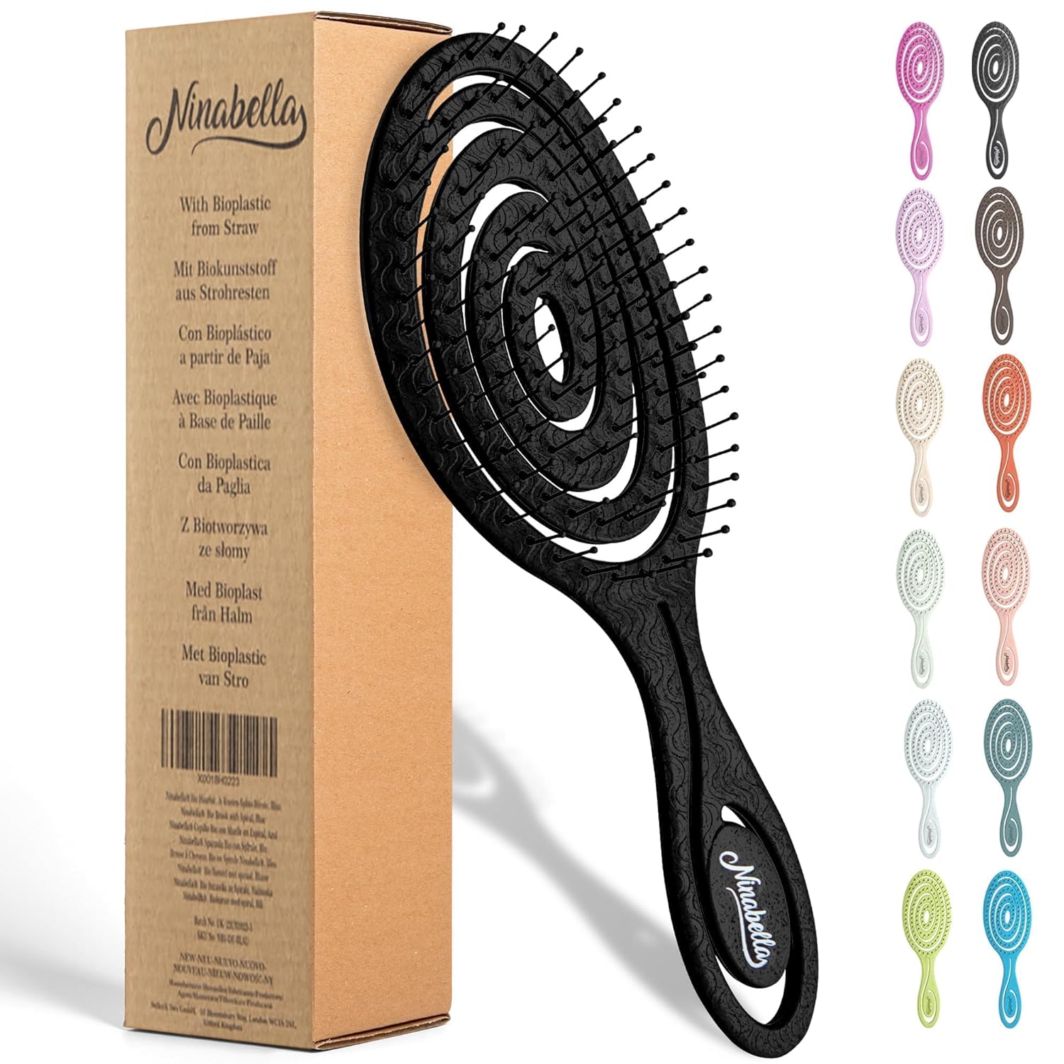 Ninabella Detangling Hair Brush for Women & Men - Does not Pull - Straightening Brushes for Straight & Curly Hair - Unique Spiral Hairbrush - Black