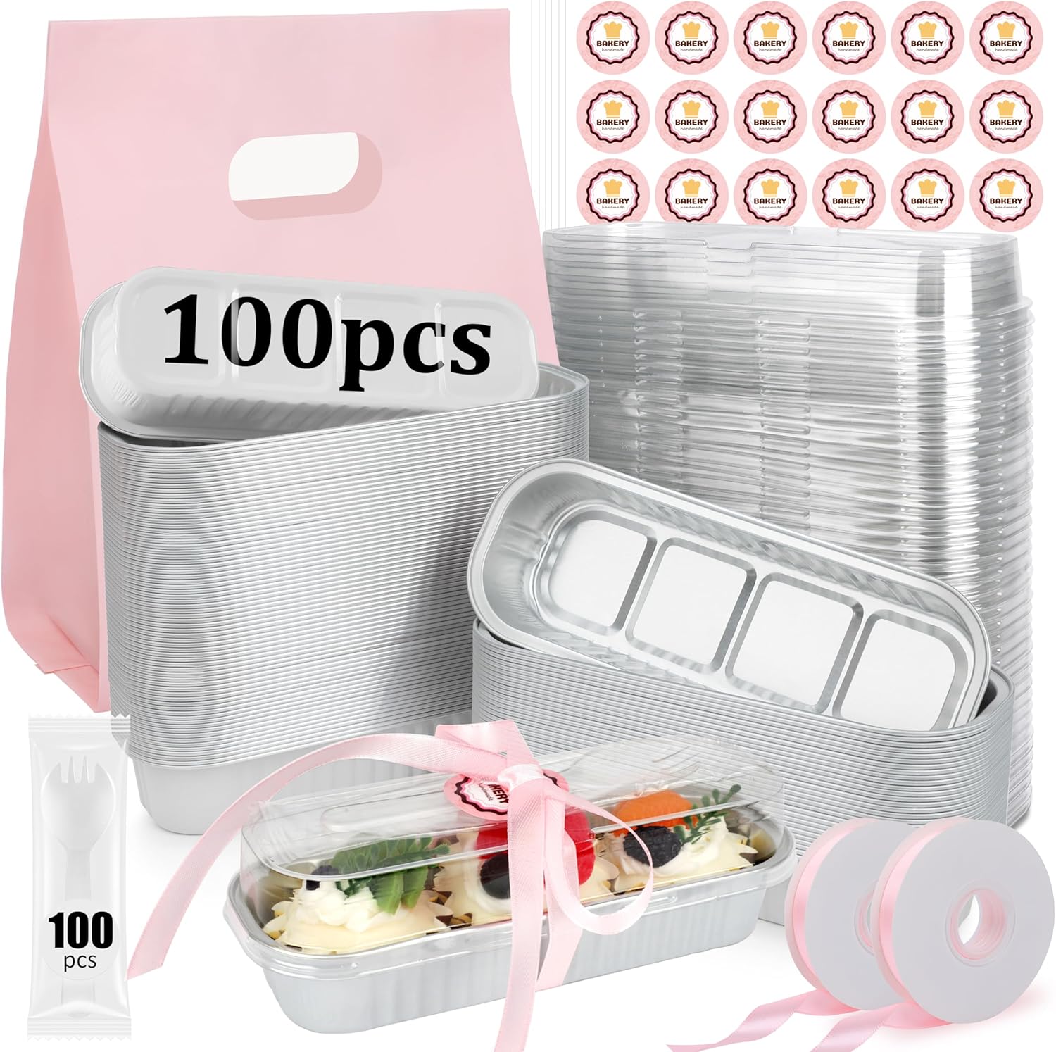 OcePor 100 Pack Mini Loaf Pans With Lids，Mini Cake Pans With Lids and Spoons，6.8oz Bread Loaf Pans Disposable，Small Aluminum Cake Tins,Baking Pans Individual (White)