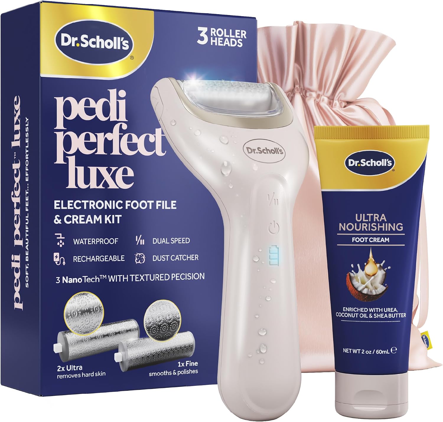 Dr. Scholl's Pedi Perfect Luxe - Electric Foot File & Nourishing Cream Pedicure Kit, Removes Hard Skin for Soft Smooth Feet, Waterproof, Rechargeable with 90-Minute Run Time, Includes x3 Roller Heads