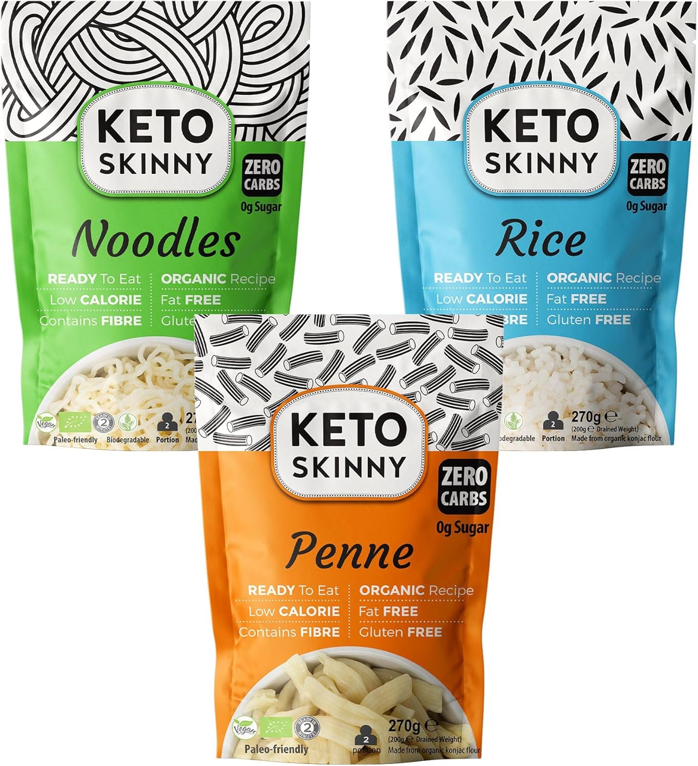 Keto Skinny Noodles, Rice, Penne - Mix Pack (2 of Each, Pack of 6, 270g) - Made from Organic Konjac Flour, Keto Paleo Diet and Vegan Food, Shirataki, Zero Sugar Less Carbohydrate & Low Calorie Food