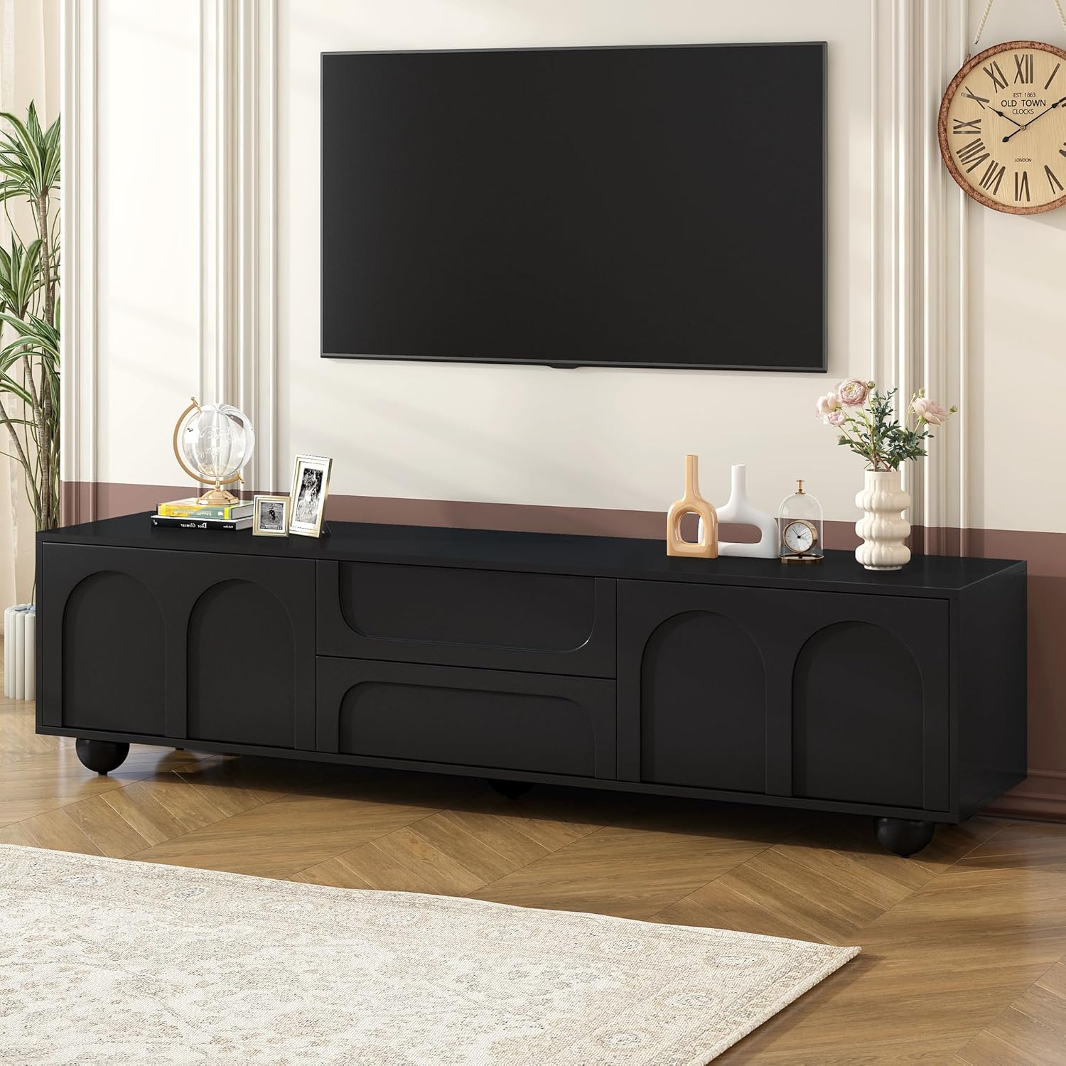 Wood Entertainment Center TV Stand Up to 75" with Arched Doors and Storage Drawers for Living Room Bedroom, Black