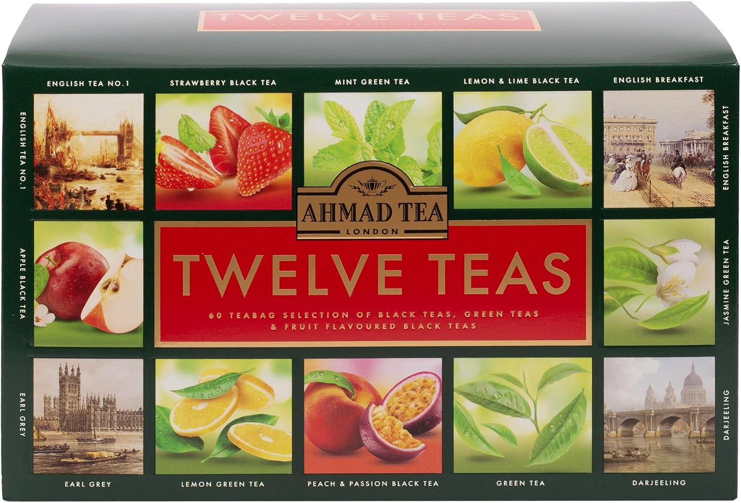 Ahmad Tea Gift Selection Pack | Twelve Teas Selection | Black, Green & Fruit Teas | 60 Teabags | 12 Tea Blends | Tea Gift Set