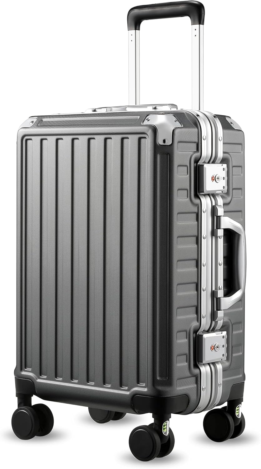 LUGGEX Aluminum Frame Luggage with Spinner Wheels, Zipperless Polycarbonate Hard Shell Carry On Luggage, 20 Inch Suitcases, Charcoal Metallic