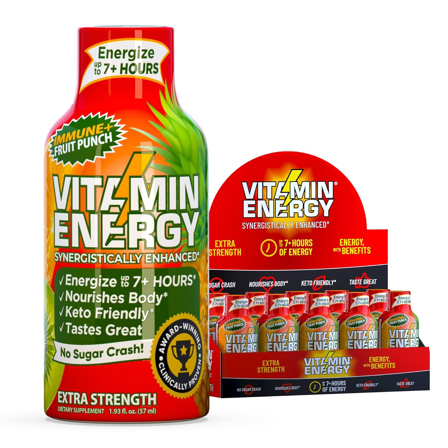 Vitamin Energy Immune+ Extra Strength Energy Shot Fruit Punch 10 Pack, 260mg Natural Caffeine, B-Vitamins, Citicoline, Green Tea, Immunity & Focus Support, Zero Sugar, Gluten-Free 1.93 fl oz