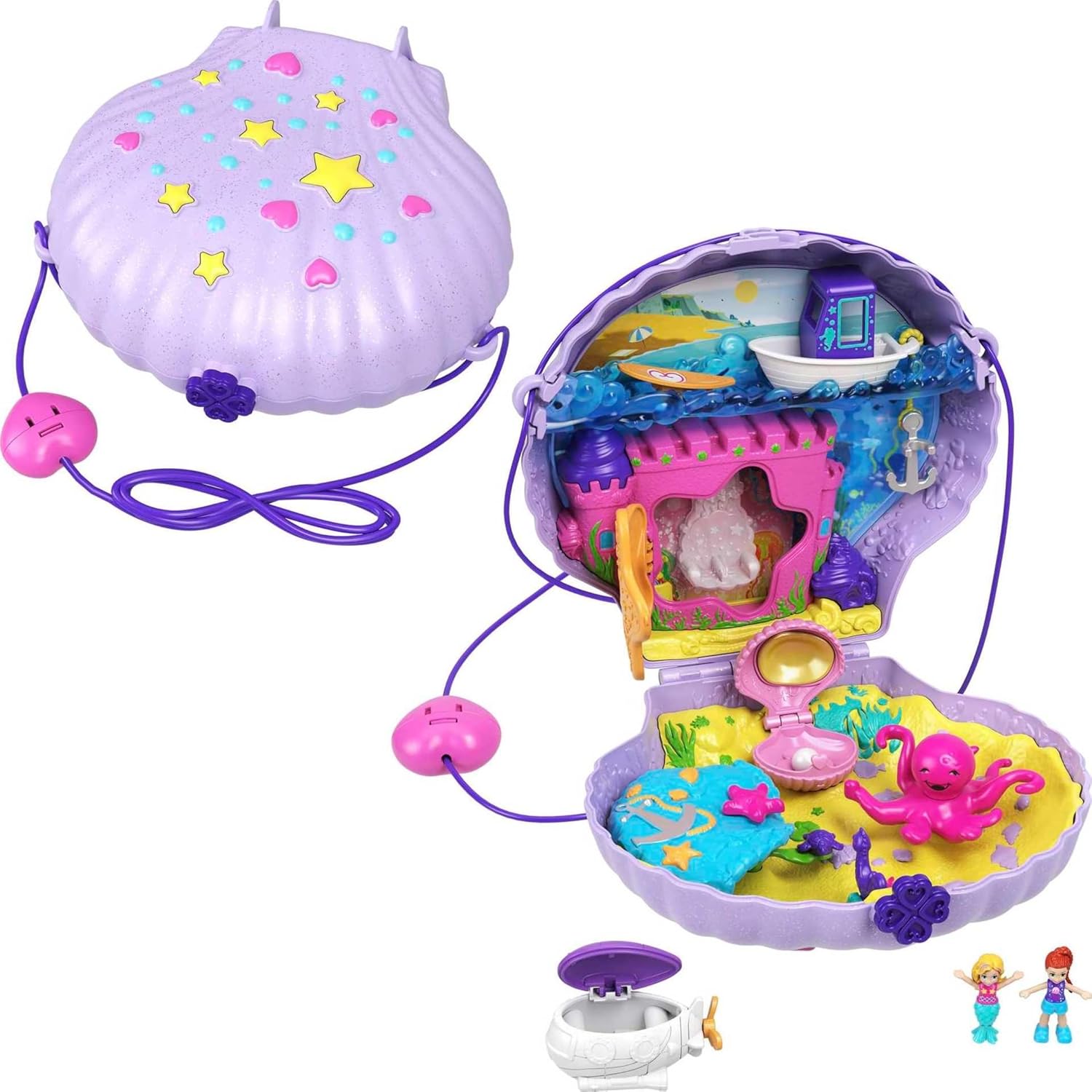 Polly Pocket Tiny Power Seashell Purse Compact with Wearable Strap, Fun Under-The-Sea Features, Micro Polly and Lila Mermaid Dolls, 2 Accessories & Sticker Sheet; for Ages 4 Years Old & Up