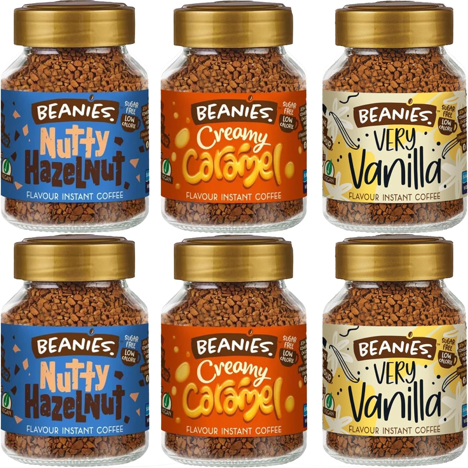 Beanies Flavoured Instant Coffee Variety Pack - 6 x 50g jars - Creamy Caramel, Nutty Hazelnut and Very Vanilla