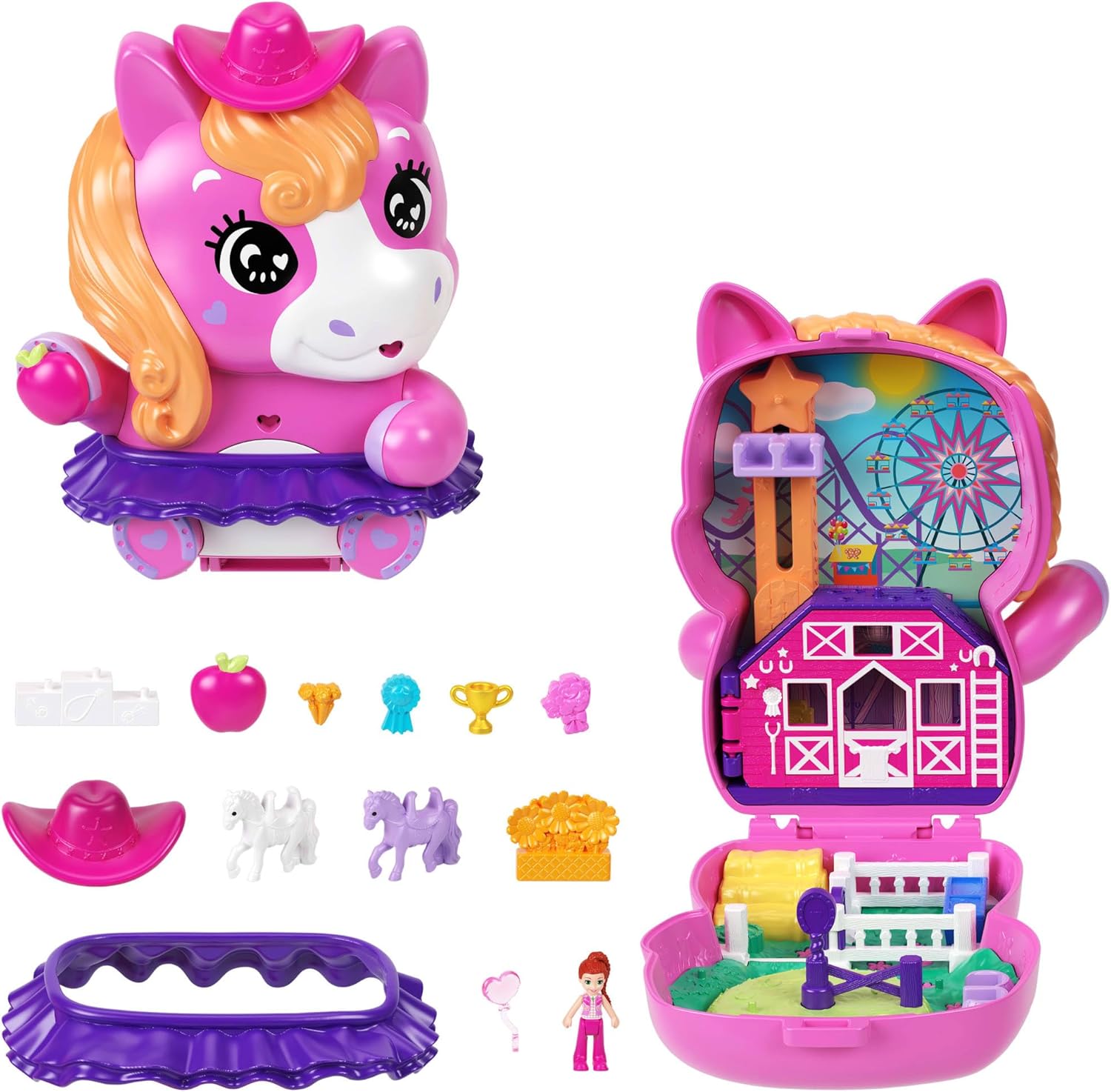 Polly Pocket Dolls and Playset, Pony Rodeo Compact, Travel Toy with 1 Micro Doll, Pet Horses, Food & Fashion Styling Accessories