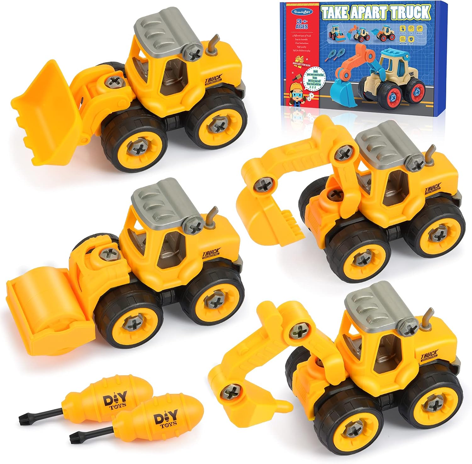 Anginne 4 in 1 Construction DIY Take-Apart Digger Toys Cars Set - Building Toys & Educational Gifts