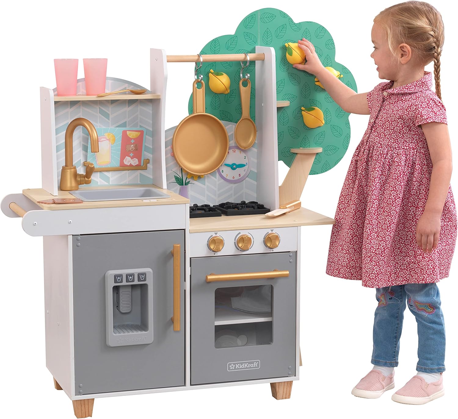 KidKraft Happy Harvest Play Kitchen, Wooden Toy Kitchen with Play Food and Kitchen Accessories, Kids' Kitchen set with Working Ice Maker, Kids' Toys, 10160