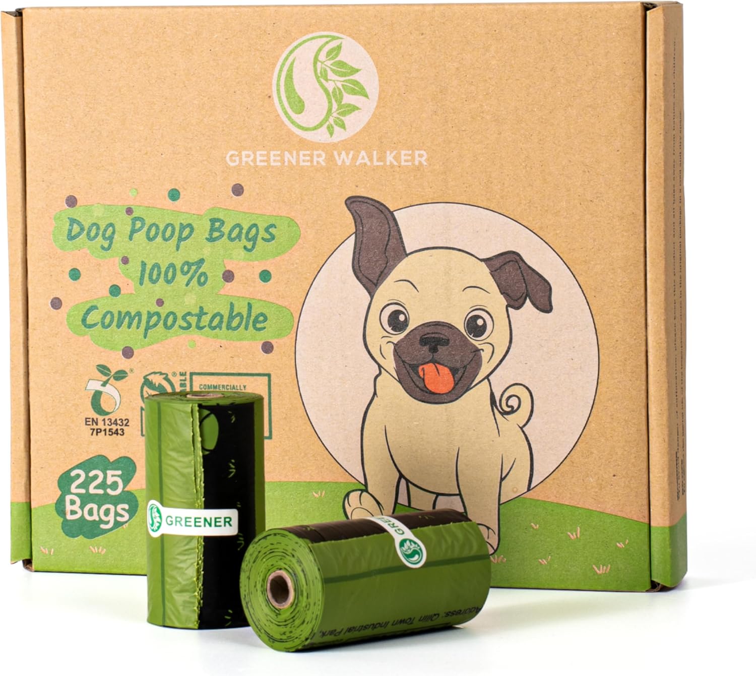GREENER WALKER 100% Compostable Poop Bags for Dog Waste, 20% Extra Thick and Durable 225 Poop Bags for Doggie with EN13432 Certified and ASTM D6400 (Green)