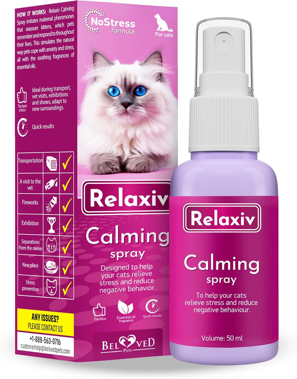 Beloved Pets Calming Pheromone Spray & Scratch Repellent for Cats - Reduces Scratching Furniture, Pee - During Travel, Fireworks, Thunder, Vet Zone - Helps to Relief Stress, Fighting, Hiding (50 ml)