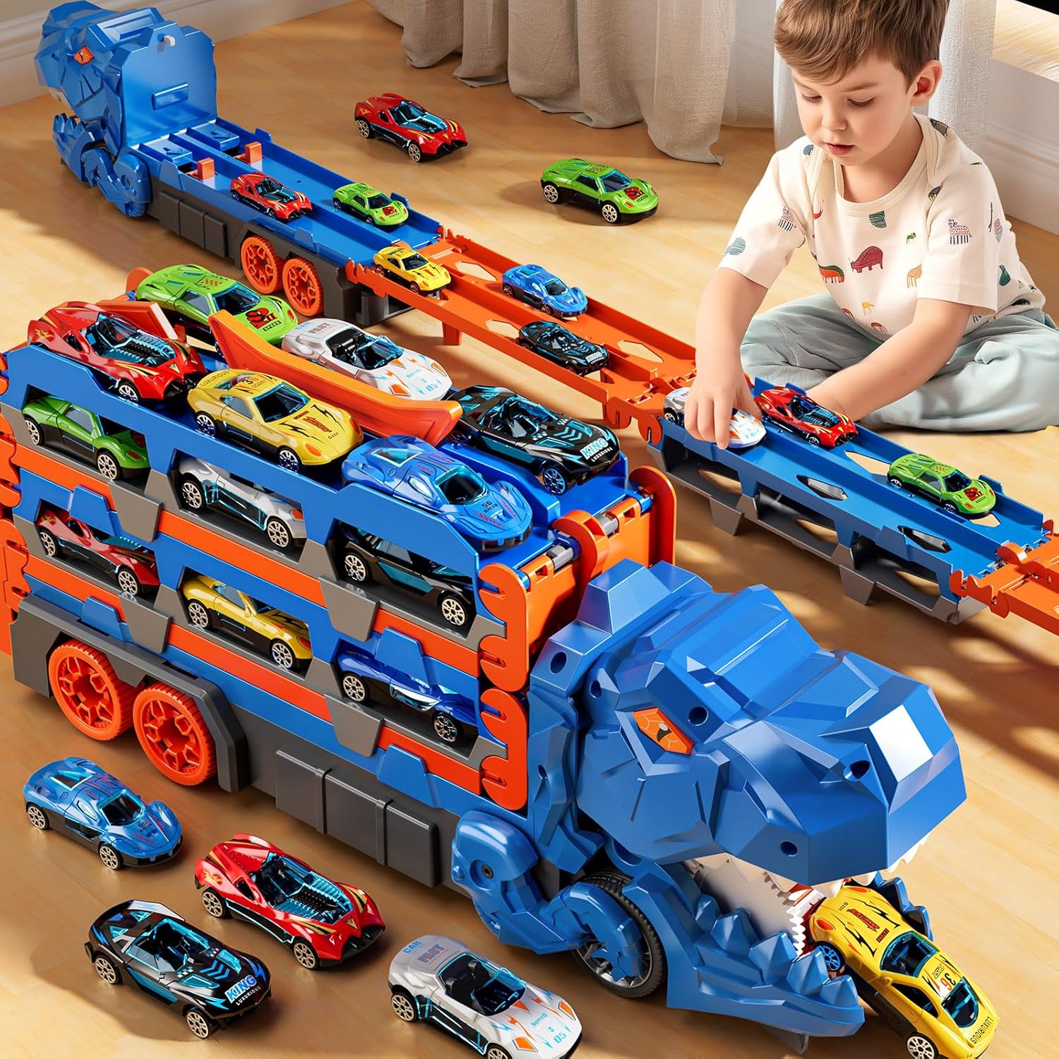 Toddler Toys Car Track Set for 3 4 5 6 Years Old Boys, Dinosaur Transporter Car Race Track with 12 Die-Cast Car Toys, Truck Toys Set Gifts for Age 3-12 Years Old Kids Boys Girls
