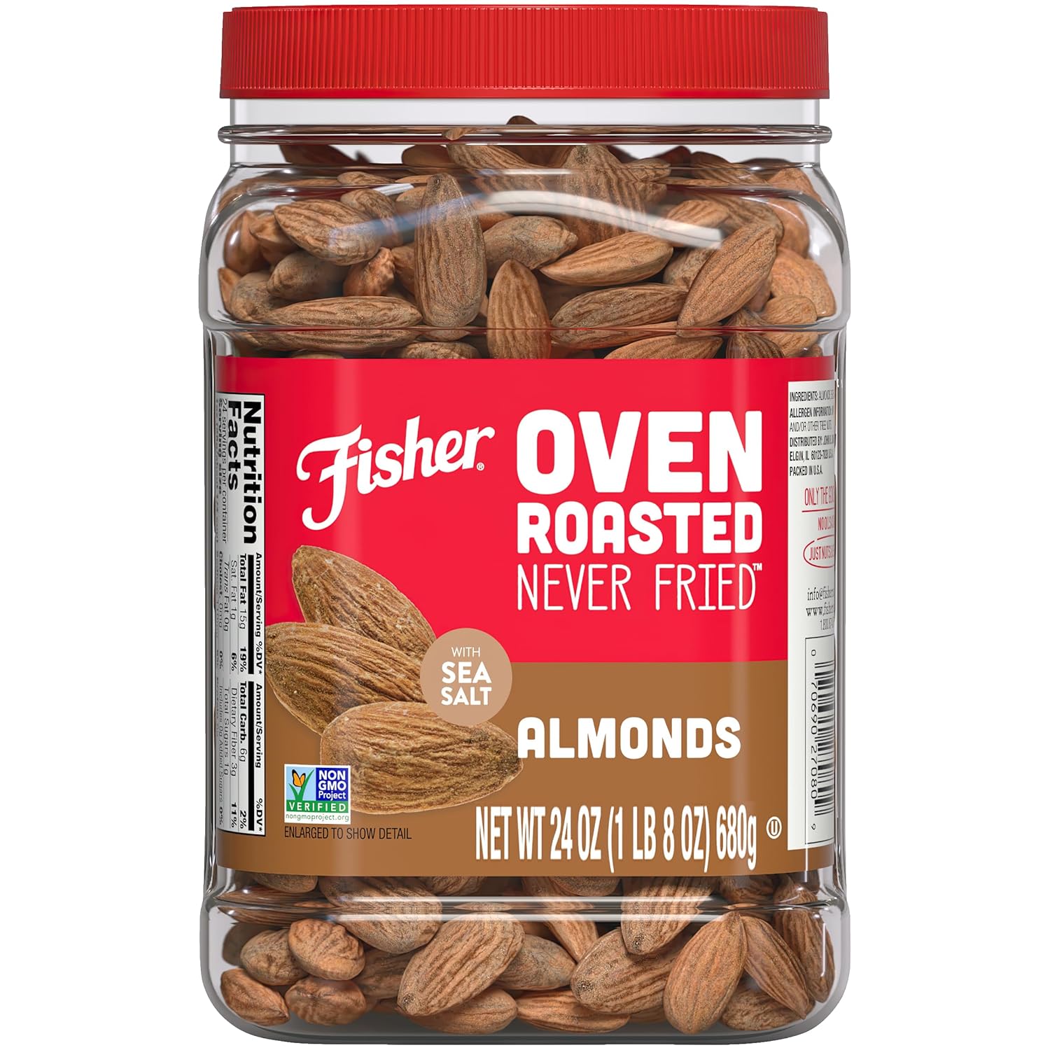 Fisher Oven Roasted Never Fried Almonds, 24 Ounces (Pack of 1), Heart Healthy Snacks for Adults, Made with Sea Salt, No Added Oil, Artificial Ingredients or Preservatives, Gluten Free, Vegan Protein