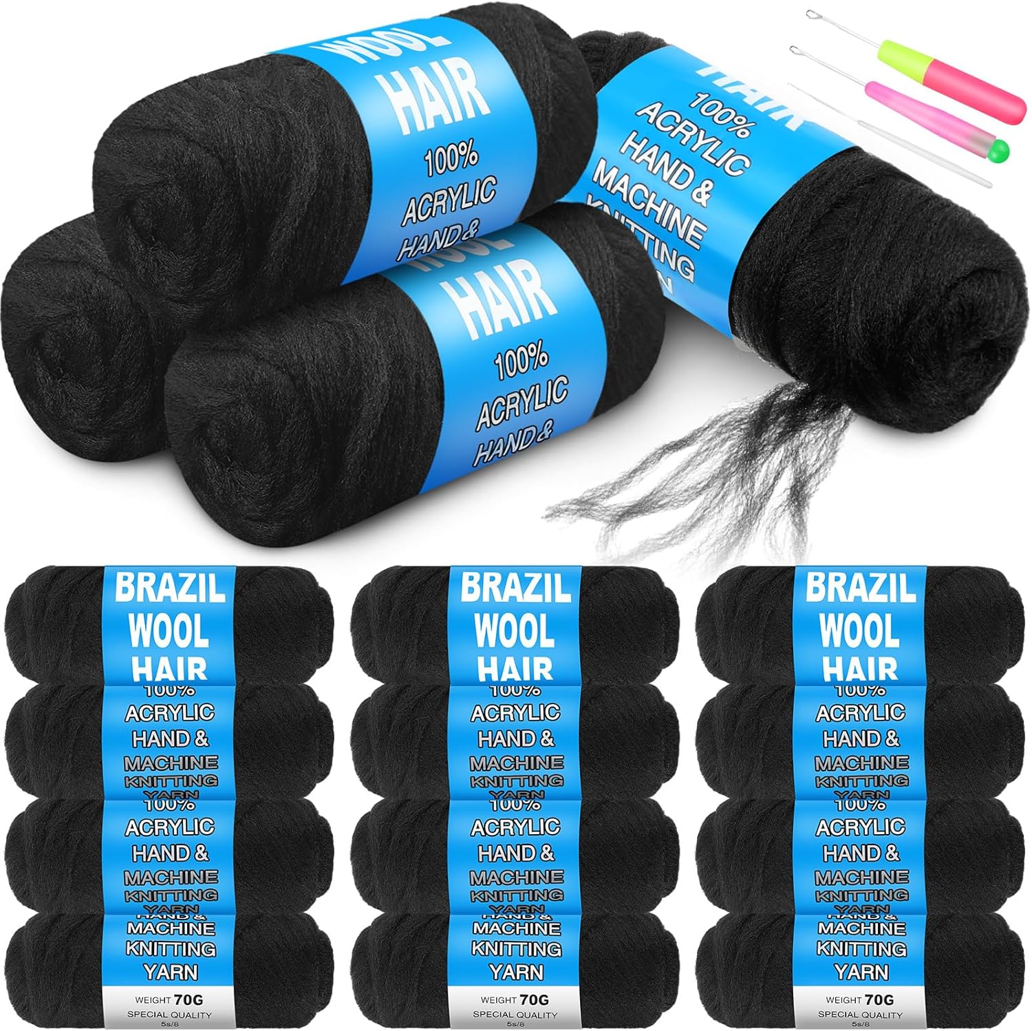 16 Roll Natural Black Brazilian Wool Hair Acrylic Yarn for African Crochet Braiding Hair Senegalese Twisting Knitting Hair Braids Jumbo Braids Faux Locs Spiral Braids