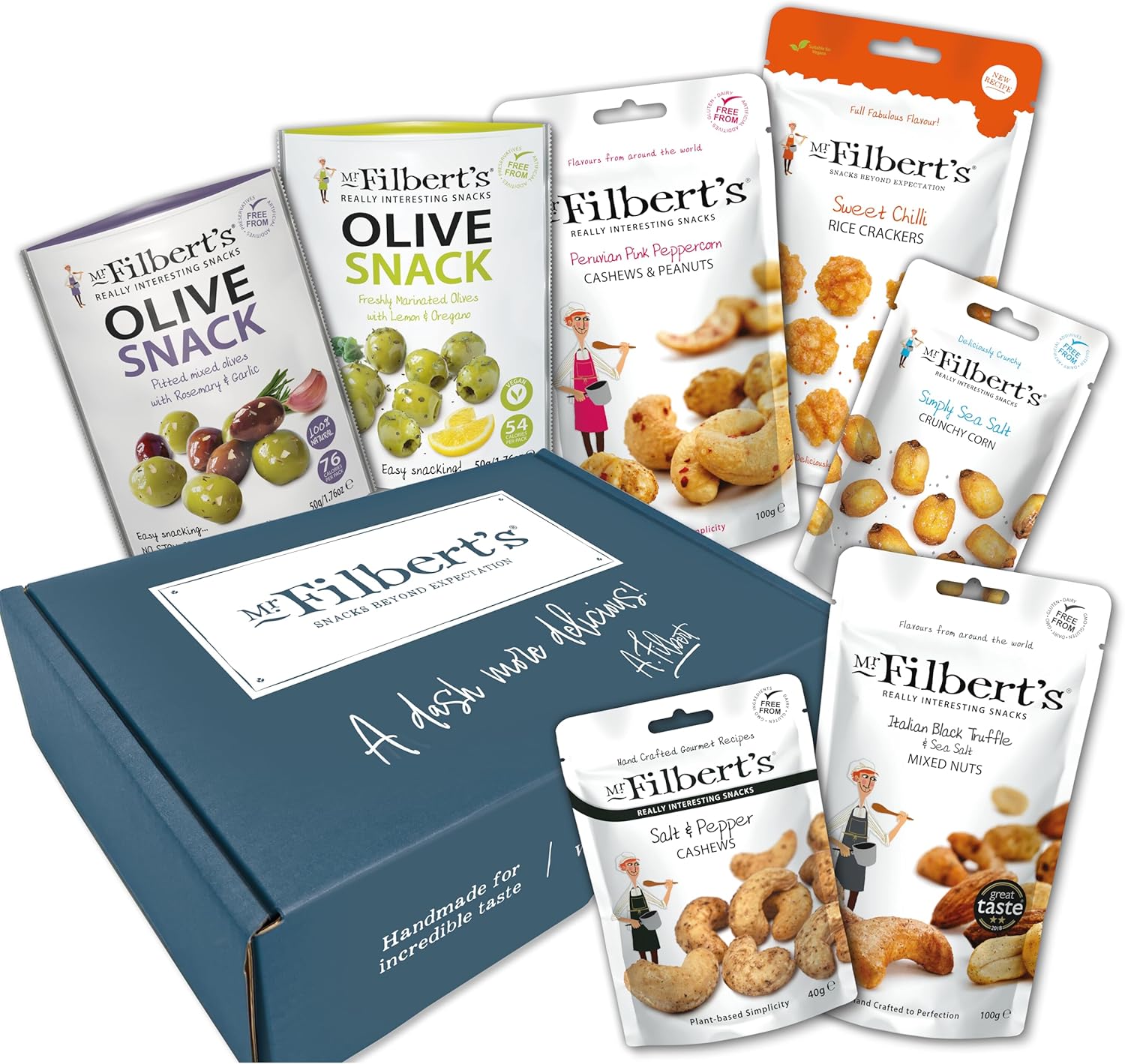 Mr Filbert's Vegan Snack Selection Box - Includes Olive Snacks, Nuts, Crunchy Corn & Rice Crackers - Healthy Plant-Based Variety Pack