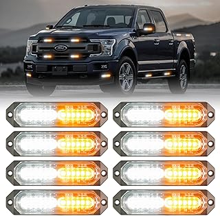 8-Pcs 12 LED Sync Feature Emergency Strobe Grille Lights Ultra Slim Surface Mount Hazard Warning Flashing Chase Light Bar for Construction/Police/Truck/Vehicles/Car/SUV/ATV/UTV (Amber/White)