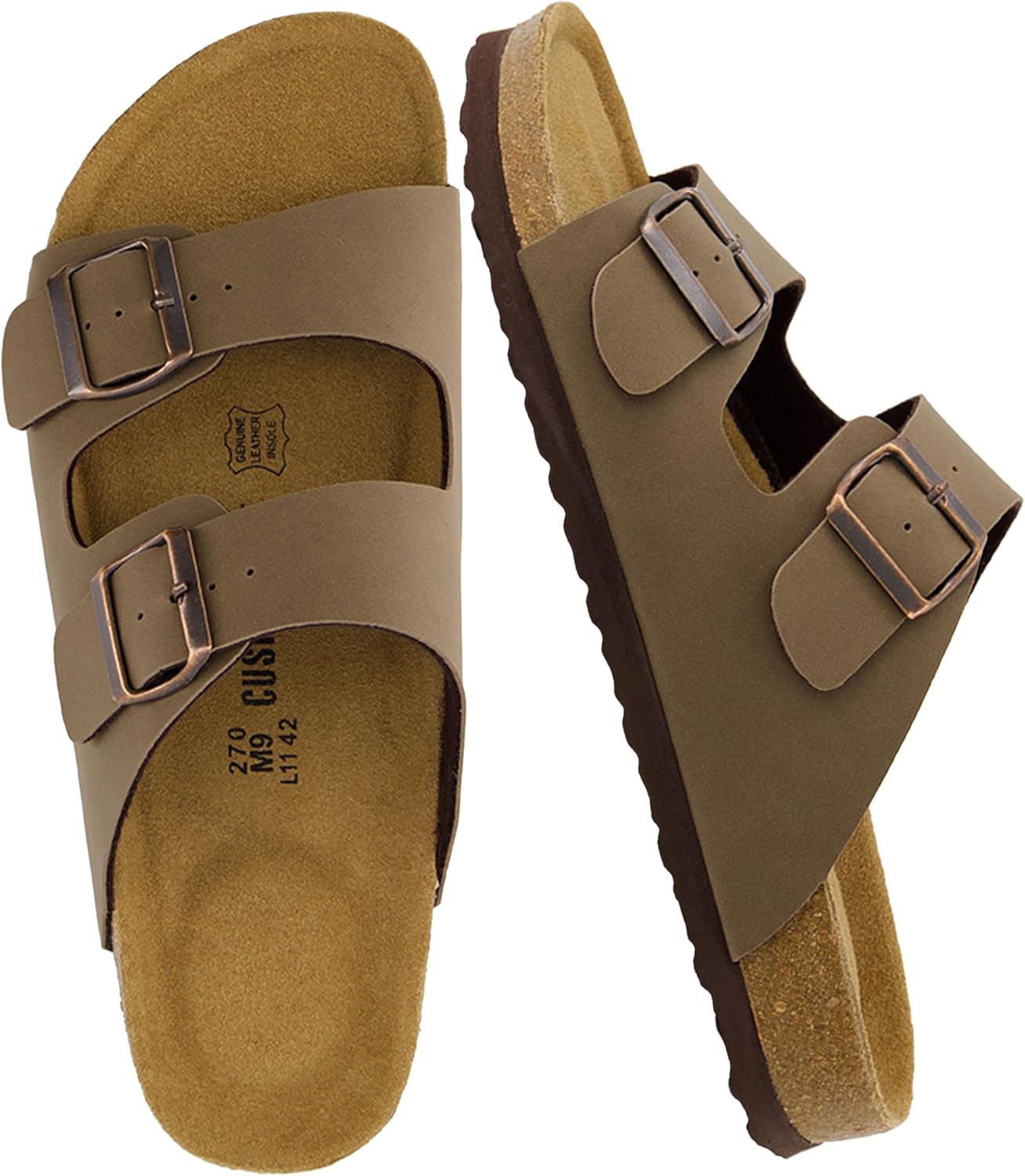 CUSHIONAIRE Lane Cork Footbed Mens Sandals, Adjustable Buckle Comfort Slides for Men, Genuine Leather Insole Summer Sandals Men Footwear