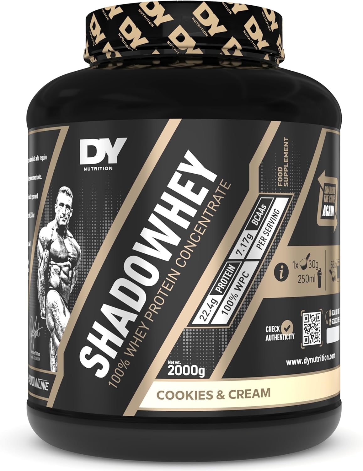 DY Nutrition - Shadowhey Whey Protein Concentrate Powder 2Kg | 23g Protein per Serving | 66 Servings | 7.3g of BCAAs | Sourced from EU Grass-Fed Cows | Premium Easy Mix Formula (Cookies with Cream)
