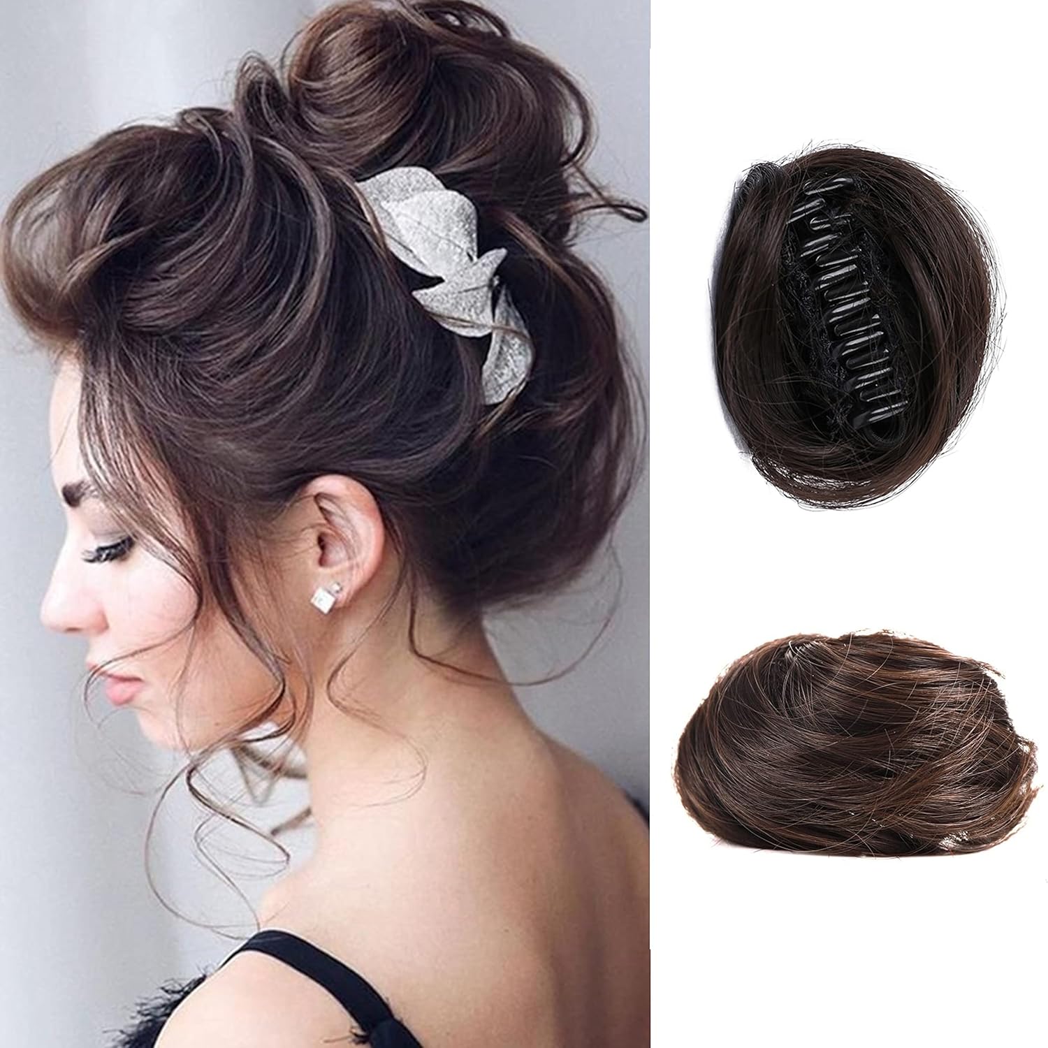 SDZNYQT 2 PC Mini Claw Fake Hair Space Bun Hair Donut Chignon Mini Claw Bun Clip in Messy Hair Bun Claw Clip in Updo Bun Extensions Wig Accessory Brown Black