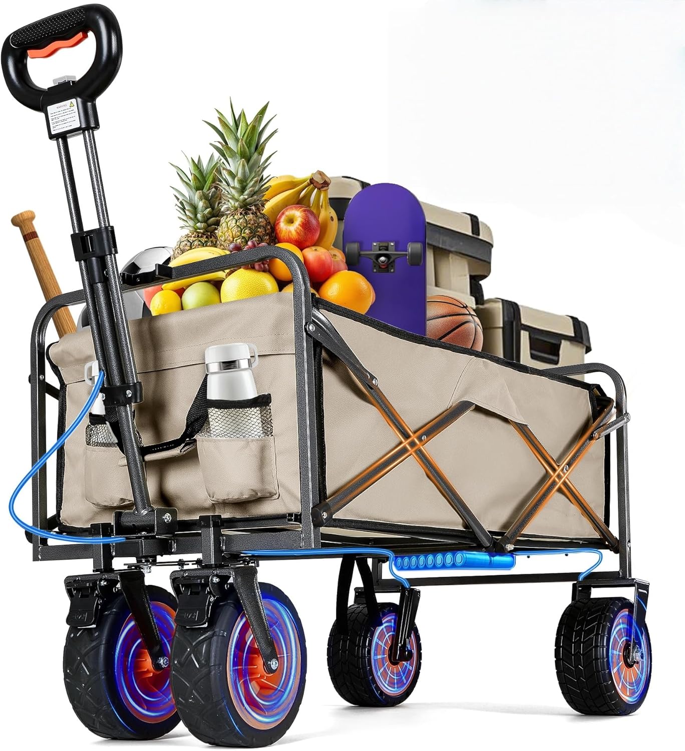 Electric Assistance Collapsible Folding Garden Wagon, 300LBS Grocery Cart with 8.5" All-Terrain Beach Wheels & Drink Holders, Portable for Camping Outdoor Beach Fishing Picnic Sports Shopping