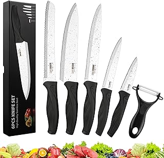 6PCS Kitchen Knife Set, Stainless Steel Sharp Blade with Nonstick Ceramic Coating, Cooking Cutting Knives Set, Ink Splatter Dot Pattern, PP Anti-Slip Handle, Rust Proof, Dishwasher Safe