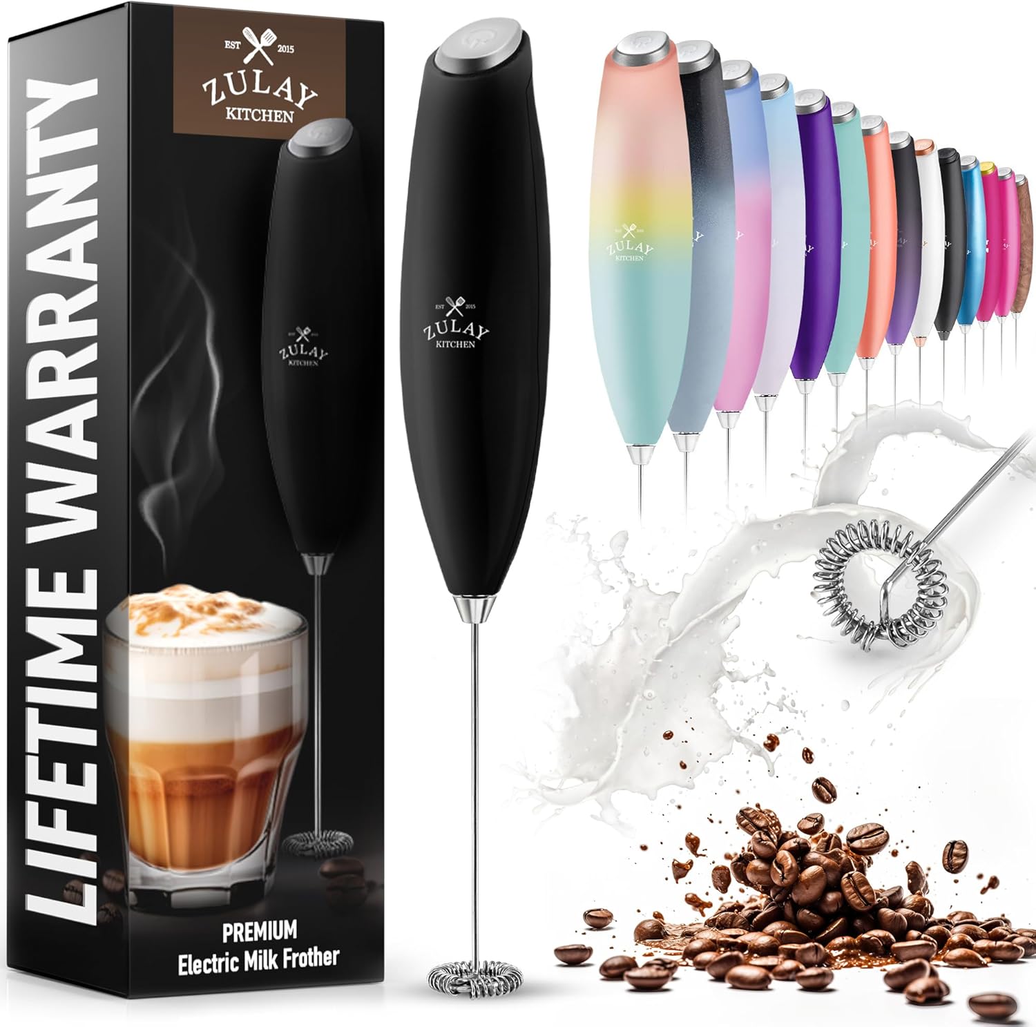 Zulay Kitchen Milk Frother Wand Drink Mixer - Durable Handheld Milk Frother Electric Whisk - Easy-Clean Milk Frother Wand & Mini Blender - Electric Coffee Frother With 2 Batteries Included - Black