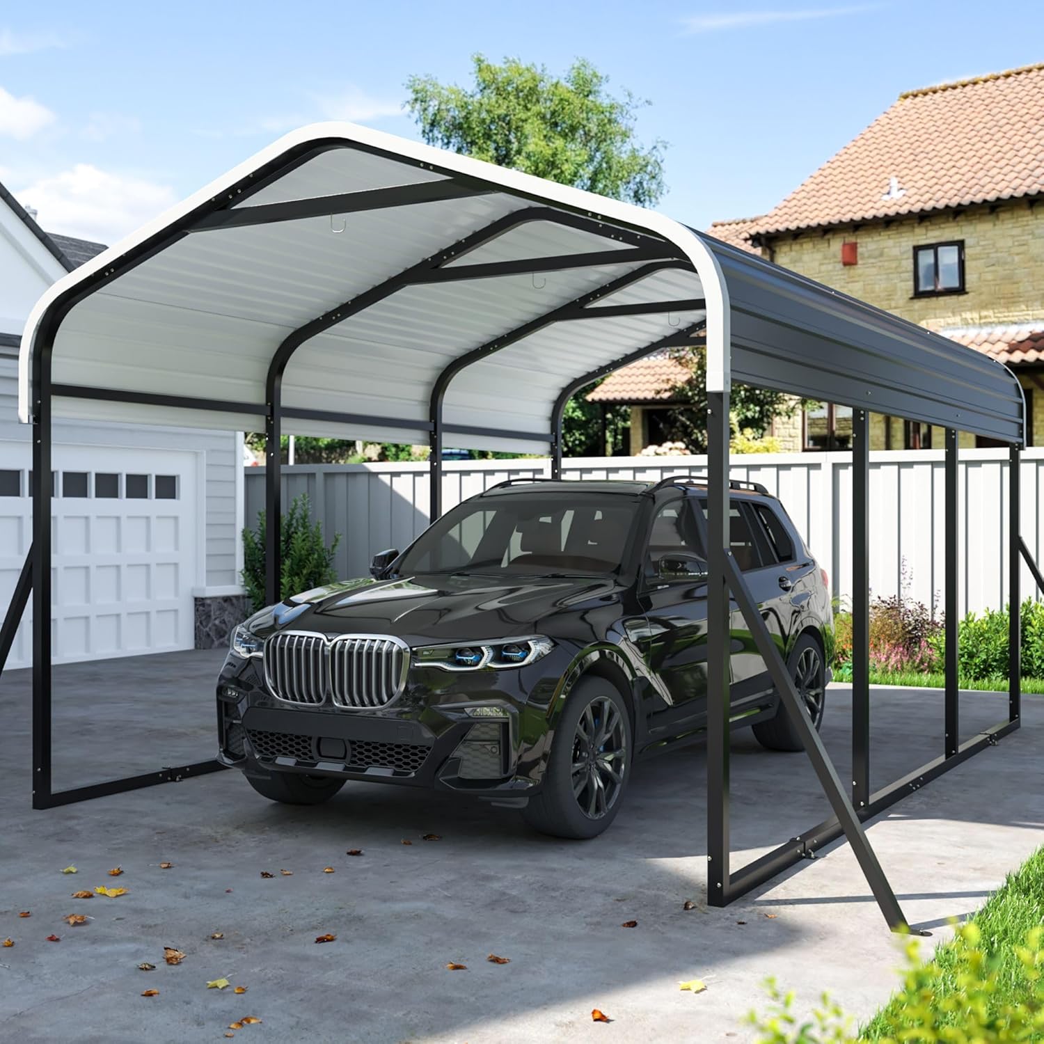 10x15 FT Heavy Duty Carports Canopy with Updated Frame Structure Galvanized Steel Roof and Enhanced Base, Metal Carport Garage for Pickup, Boat, Car and Tractors