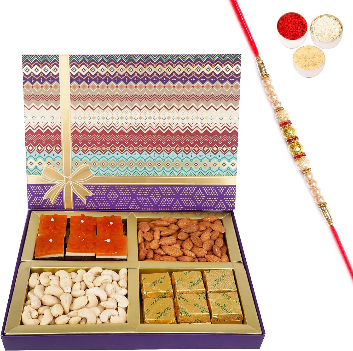 Jaiccha Ghasitaram Rakhi Gifts for Brothers Fruit n Nut Dryfruit Box with Mango and MEWA Bites 500 GMS with Pearl Rakhi