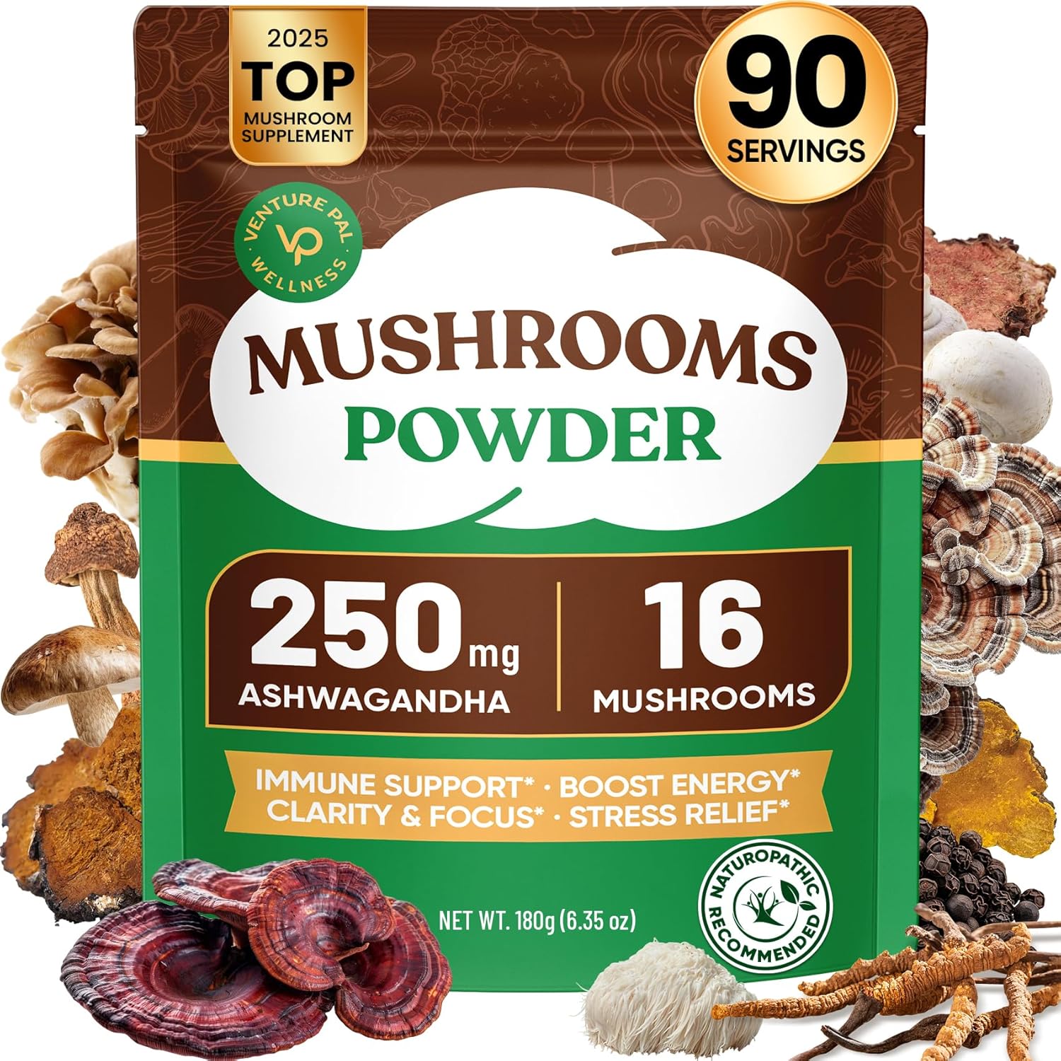 Venture Pal 16-in-1 Mushroom Powder 17,300mg with Adaptogens for Coffee & Tea | Ashwagandha, Lion’s Mane, Rhodiola | 10:1 Extract from 100% Fruiting Bodies | 90 Servings