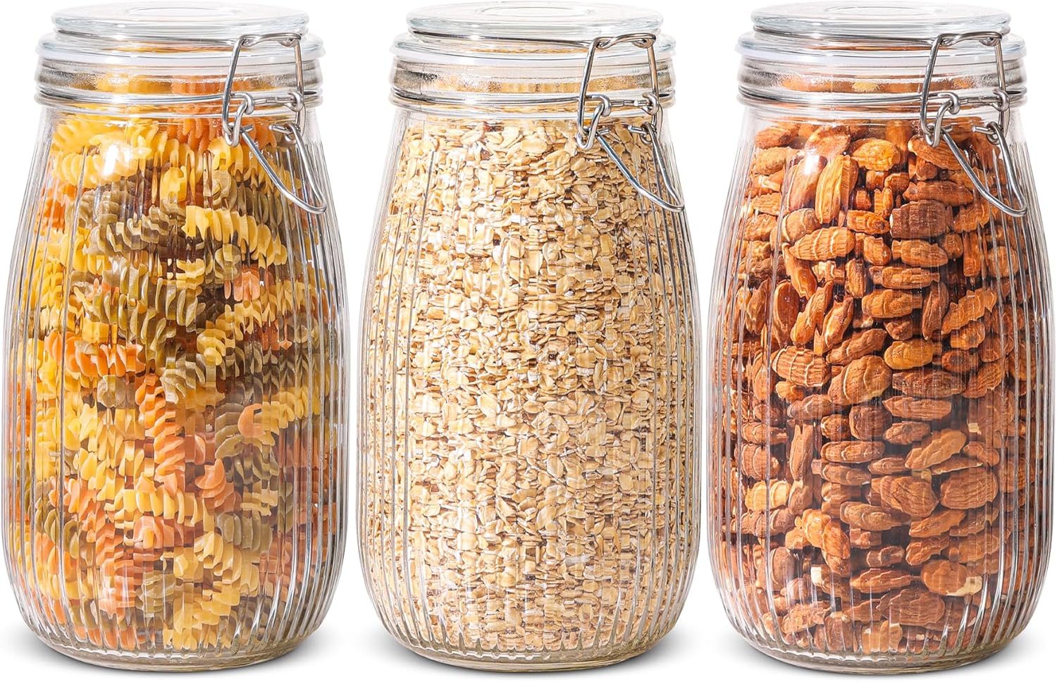 ComSaf Airtight Glass Storage Jar with Lid 1500ml Clip Top Jars Set of 3, Glass Large Storage Containers with Lids, Round Preserving Jar for Pickling, Canning, Pasta, Flour, Cereal, Dry Foods