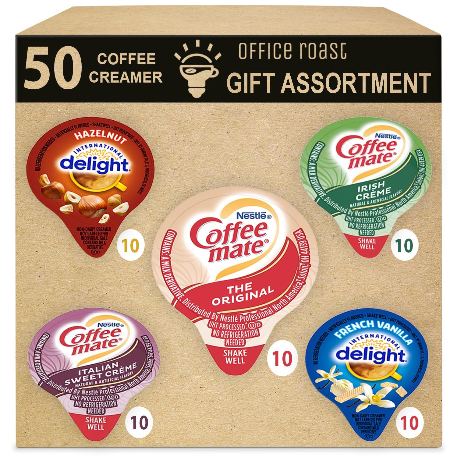 Variety Pack Creamers Liquid Creamer Singles Coffee Cream | Gift Assortment Box | Original, French Vanilla, Irish Creme, Italian Sweet Creme & Hazelnut - No Refrigeration - Box Of 50
