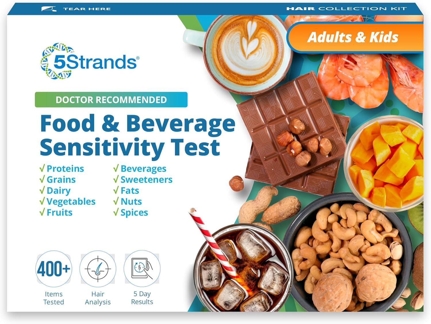 5Strands Food & Beverage Sensitivity Test, Hair Analysis Intolerance Test for Adults & Kids, 400+ Items Tested, at Home Food Intolerance Testing, Gut Health Check, Accurate Results in 5 Days