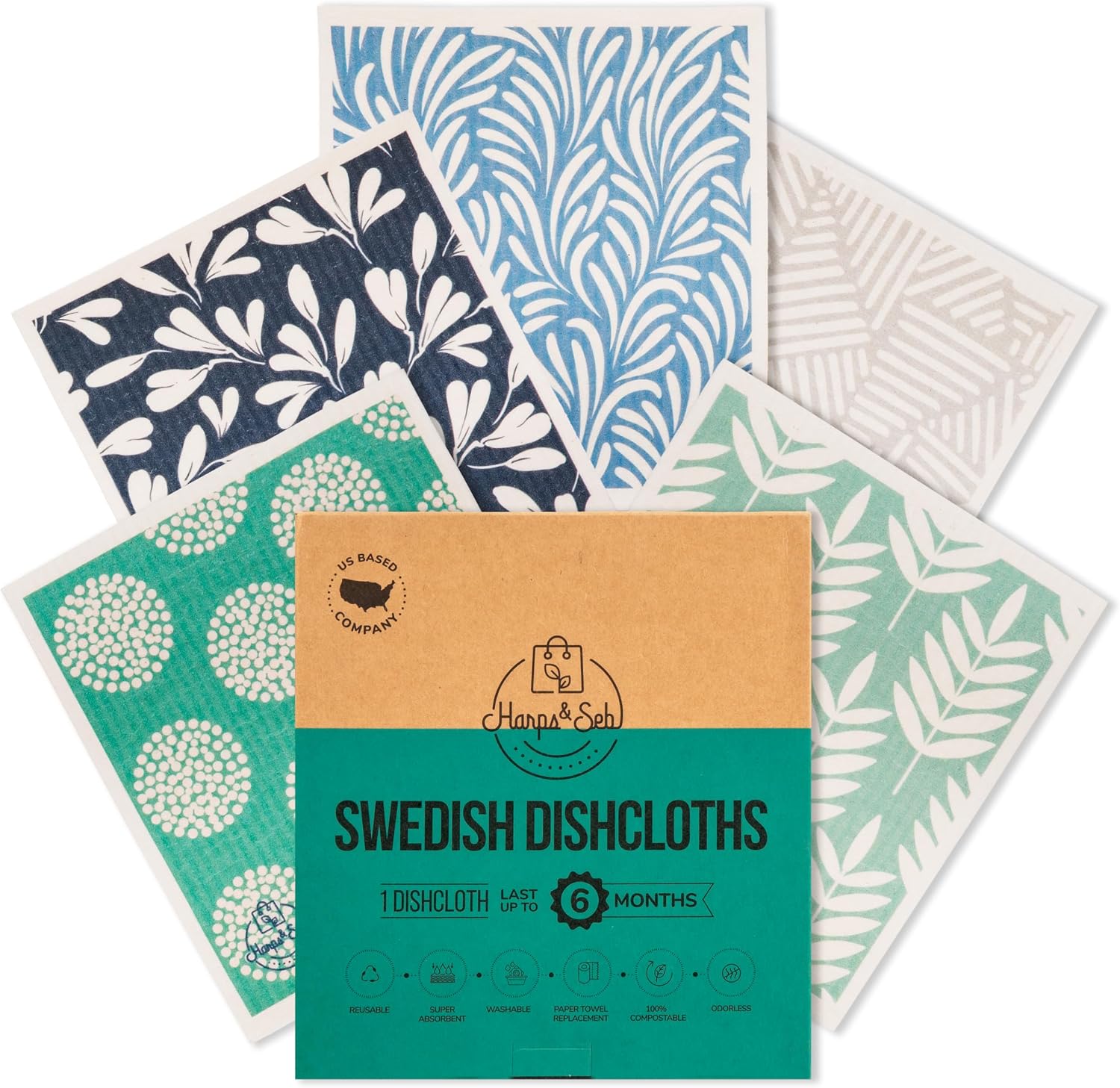 Harps&Seb Swedish Dishcloths for Kitchen Dish Towels - 5 Pack, Non-Scratch Reusable Paper Towels, Super Absorbent Washable Swedish Dish Cloths, No Odor, Biodegradable, Blue Design