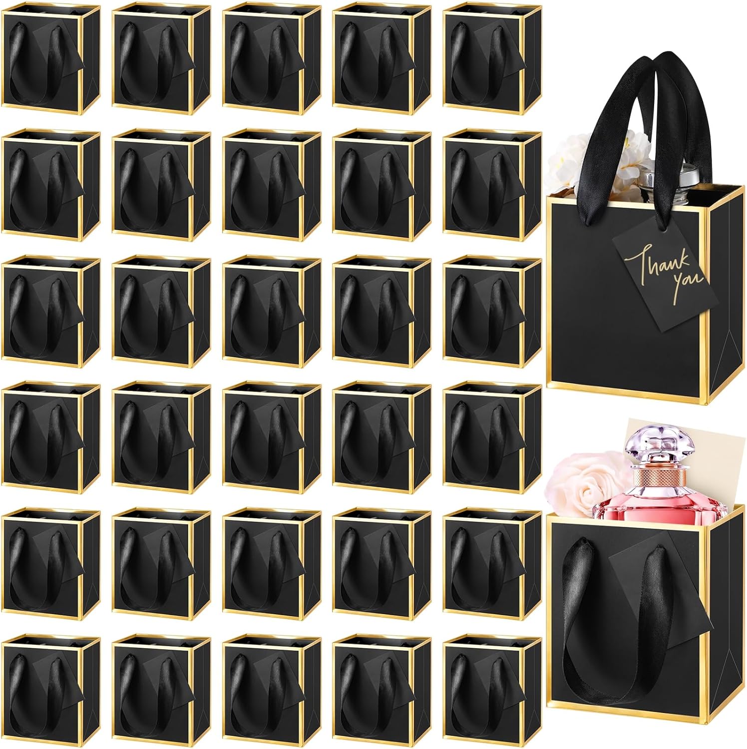 Yeaqee 50 Pcs Mini Metallic Paper Gift Bags with Handles 4x2.75x4.5'' Tiny Small Gift Bags with Thank You Tag for Wedding Favor Father's Day Graduation Birthday Welcome Return Gifts(Black, Gold)