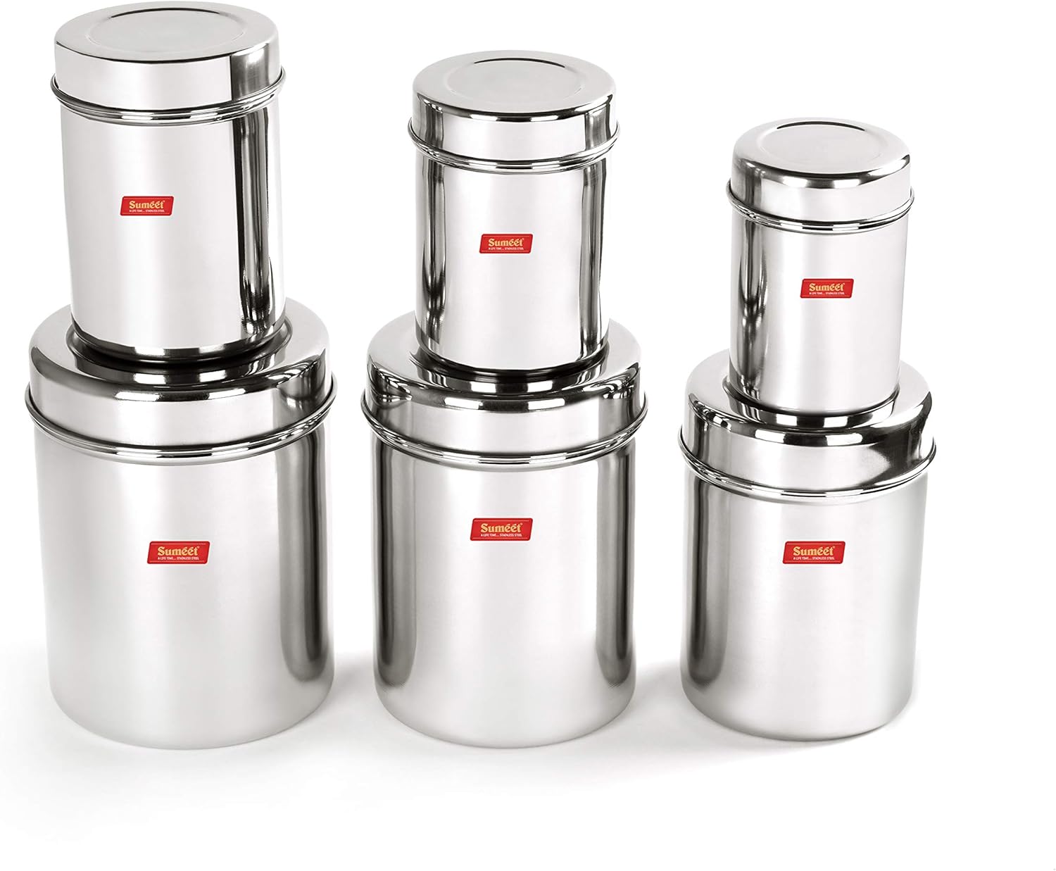 Sumeet Stainless Steel Vertical Canisters/Ubha Dabba/Storage Containers Set of 6Pcs (350ML, 500ML, 700ML, 900ML, 1.25Ltr, 1.6Ltr)