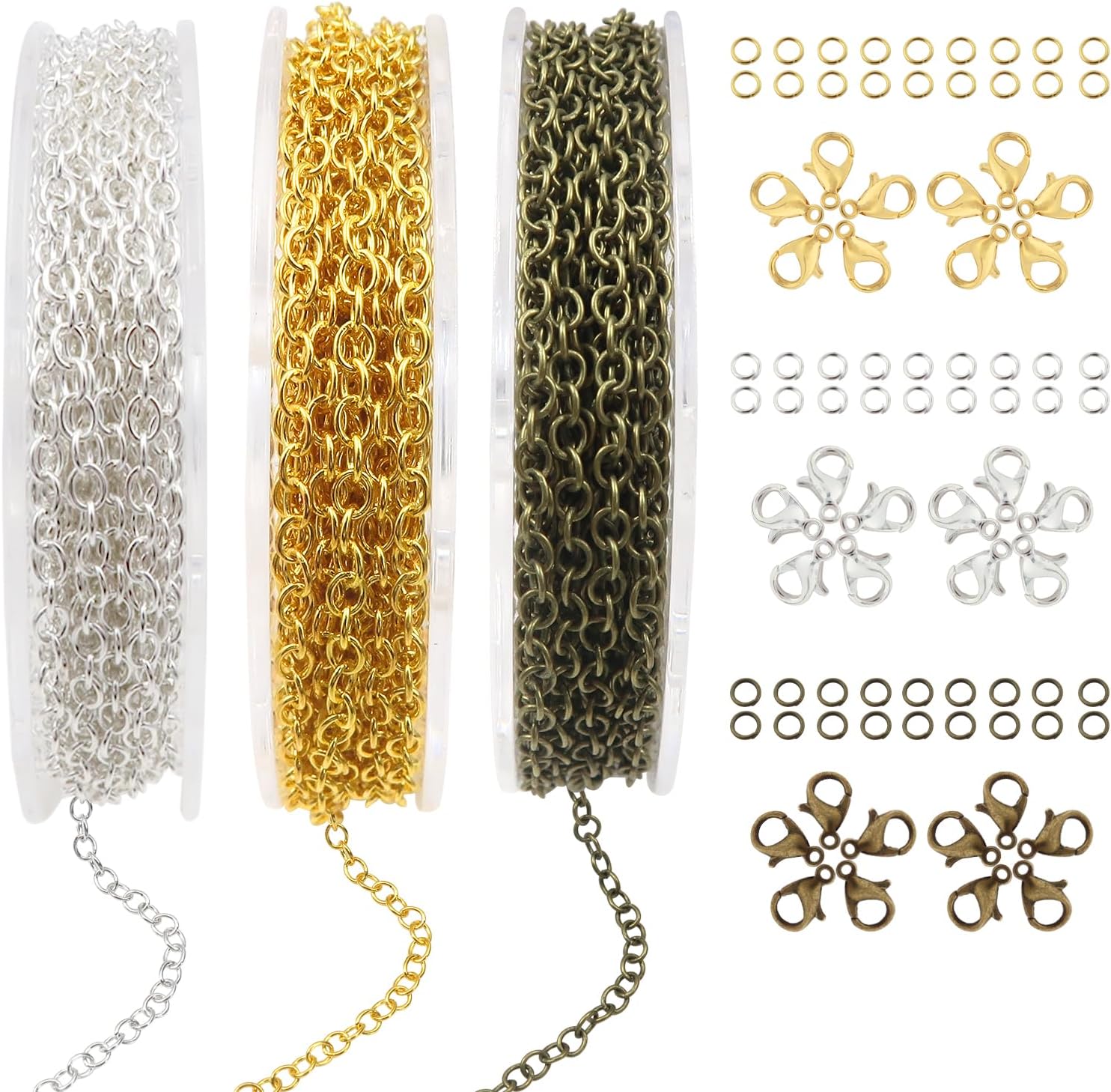 TOAOB 49 Feet Jewelry Making Chains 2mm Necklace Chains 3 Colors Metal Cable Chain Link with 60pcs Lobster Clasps and 90pcs Jump Rings for Jewelry Making DIY Necklace Bracelet Anklet