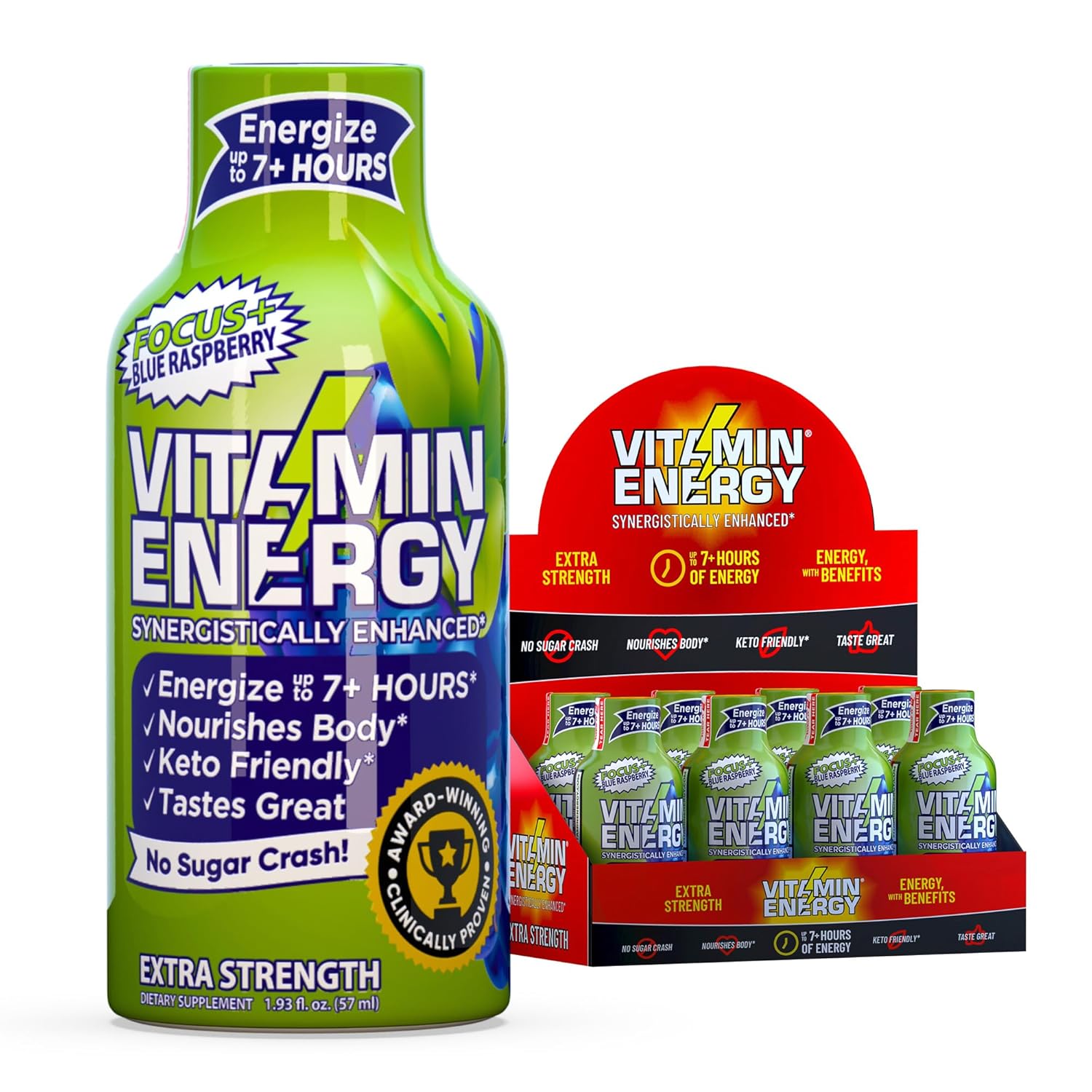 Vitamin Energy Focus+ Extra Strength Energy Shot Blue Raspberry 8 Pack, 260mg Natural Caffeine, B-Vitamins, CoQ10, Amino Acids, Focus, Productivity & Clarity, Zero Sugar, Gluten-Free, 1.93 fl oz