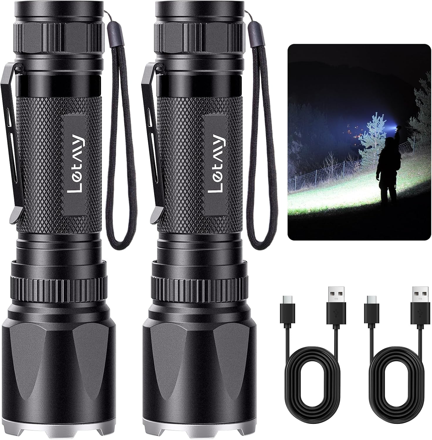 LETMY Rechargeable Flashlights High Lumens, 2 Pack 2000 Lumens Super Bright LED Tactical Flashlight, 3 Modes Samll Powerful Flash Lights with Clip, Waterproof Flashlights for Home Emergency Camping