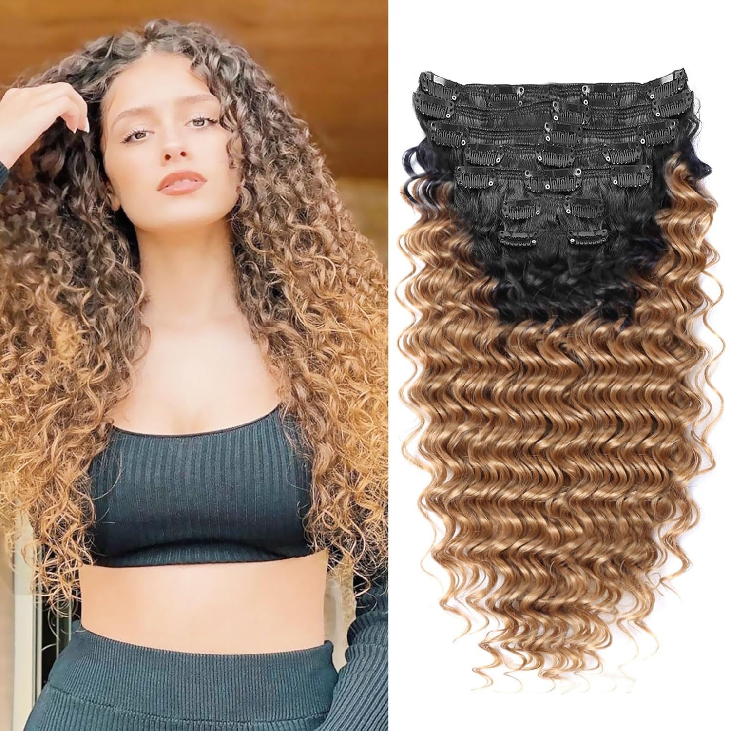 Meepo Black Strawberry Blonde Curly Clip In Hair Extension For Black Women Double Weft Hairpiece Synthetic Thick Hair Extension Clips Natural Looking Long 24 inch Deep Wave (T1B/27（Pack of 7）)