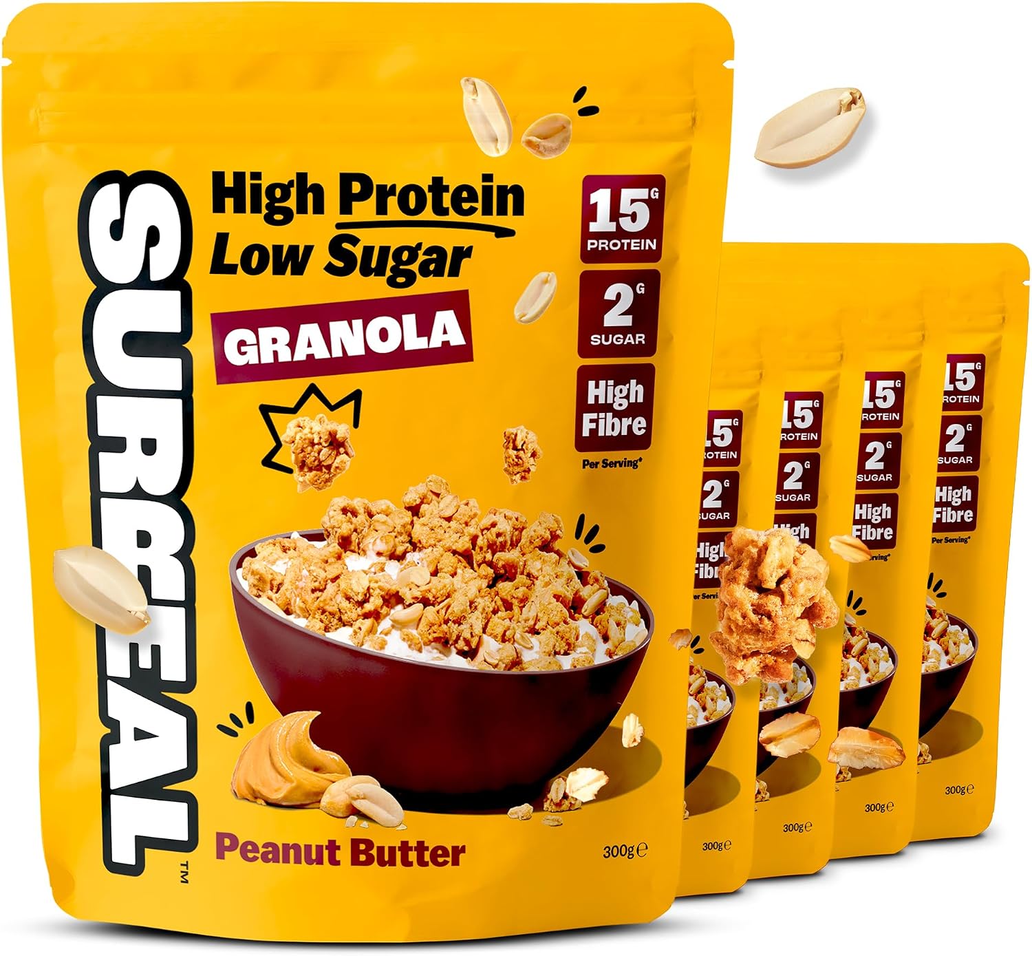 Surreal High Protein Low Sugar Granola - 15g Protein Vegan Snack or Breakfast Cereal - High Fibre, Plant-Based Granola Clusters 300 g (5 Packs, Peanut Butter)