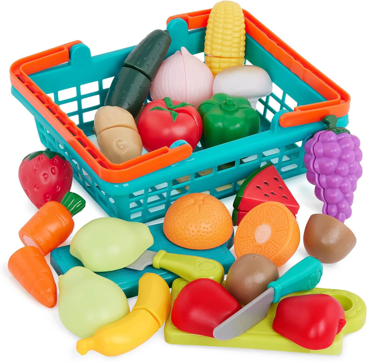 Battat Play Food for Toddlers with Farmers Market Basket and Chopping Board, Toy Food for Kids Kitchen and Pretend Play for Ages 3+ (37 Pcs)