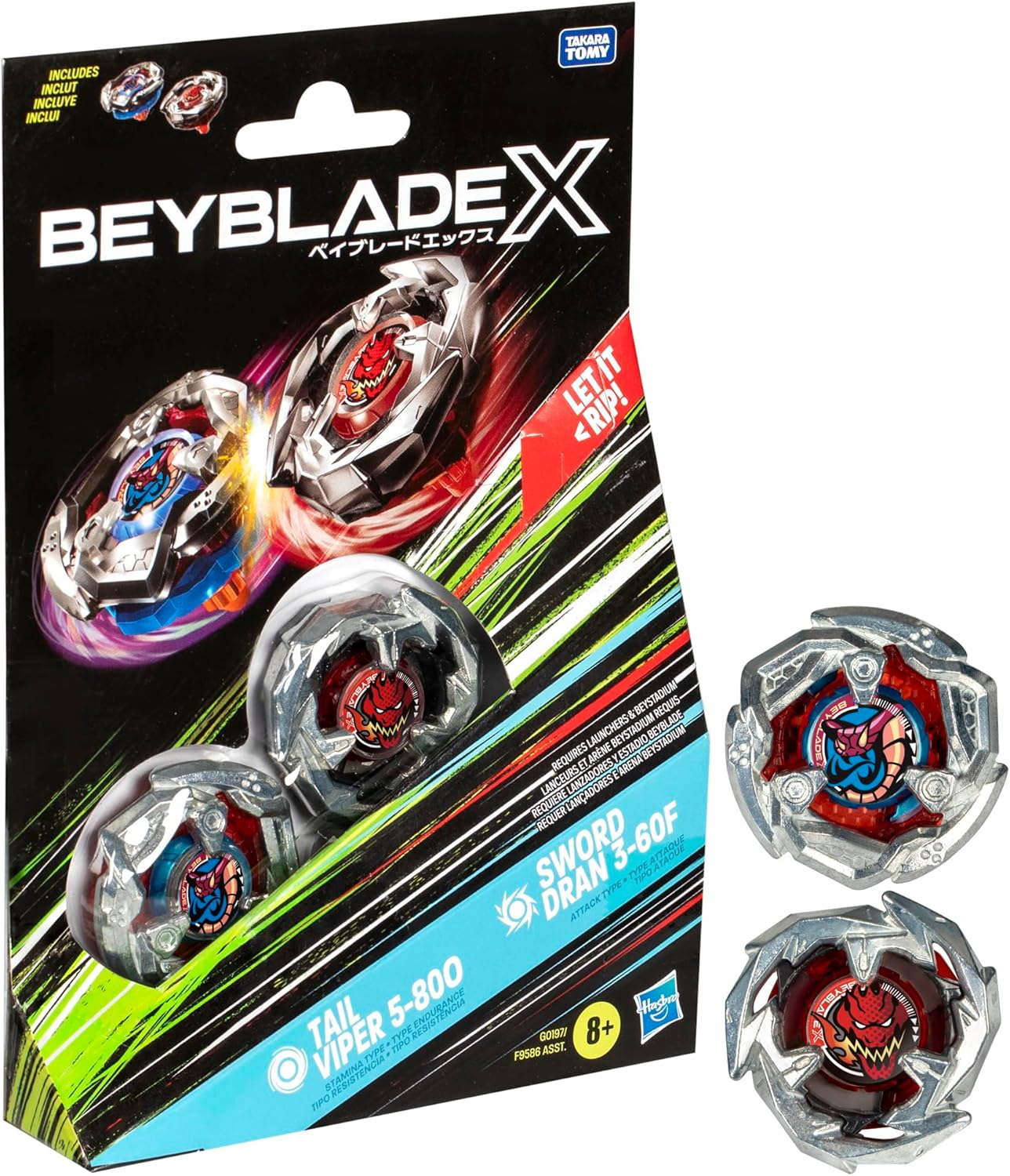 Beyblade X Tail Viper 5-80O and Sword Dran 3-60F Top Dual Pack Set, Includes 2 Right-Spin Tops, Spinning Toys for Age 8+ Kids, Action-Packed Battles
