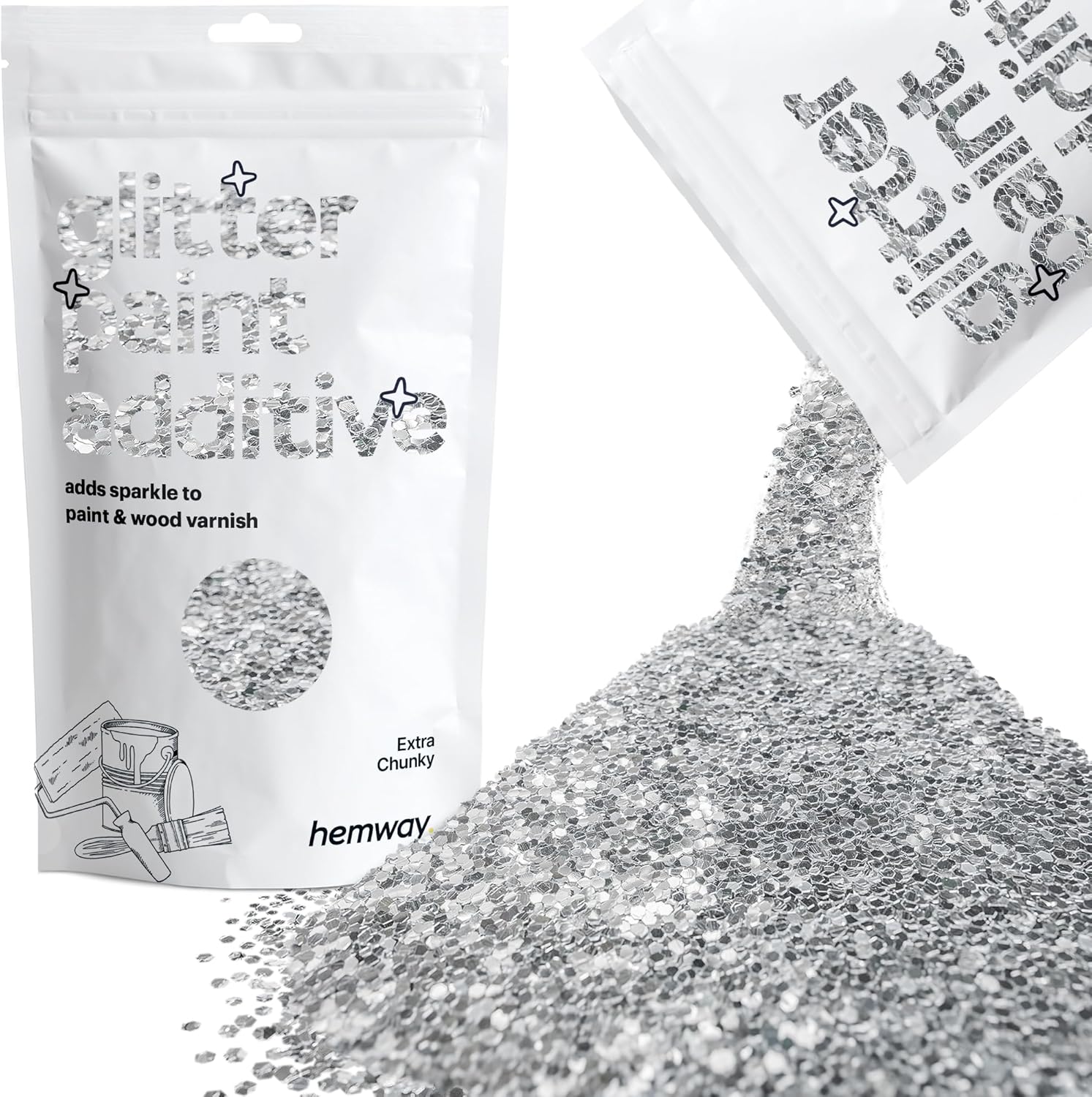 Hemway Glitter Paint Additive Crystals for Acrylic Emulsion Paint, Interior & Exterior Walls, Wood, Varnish, Matt, Gloss, Furniture 100g / 3.5oz - Extra Chunky (1/24" 0.040" 1mm) - Silver